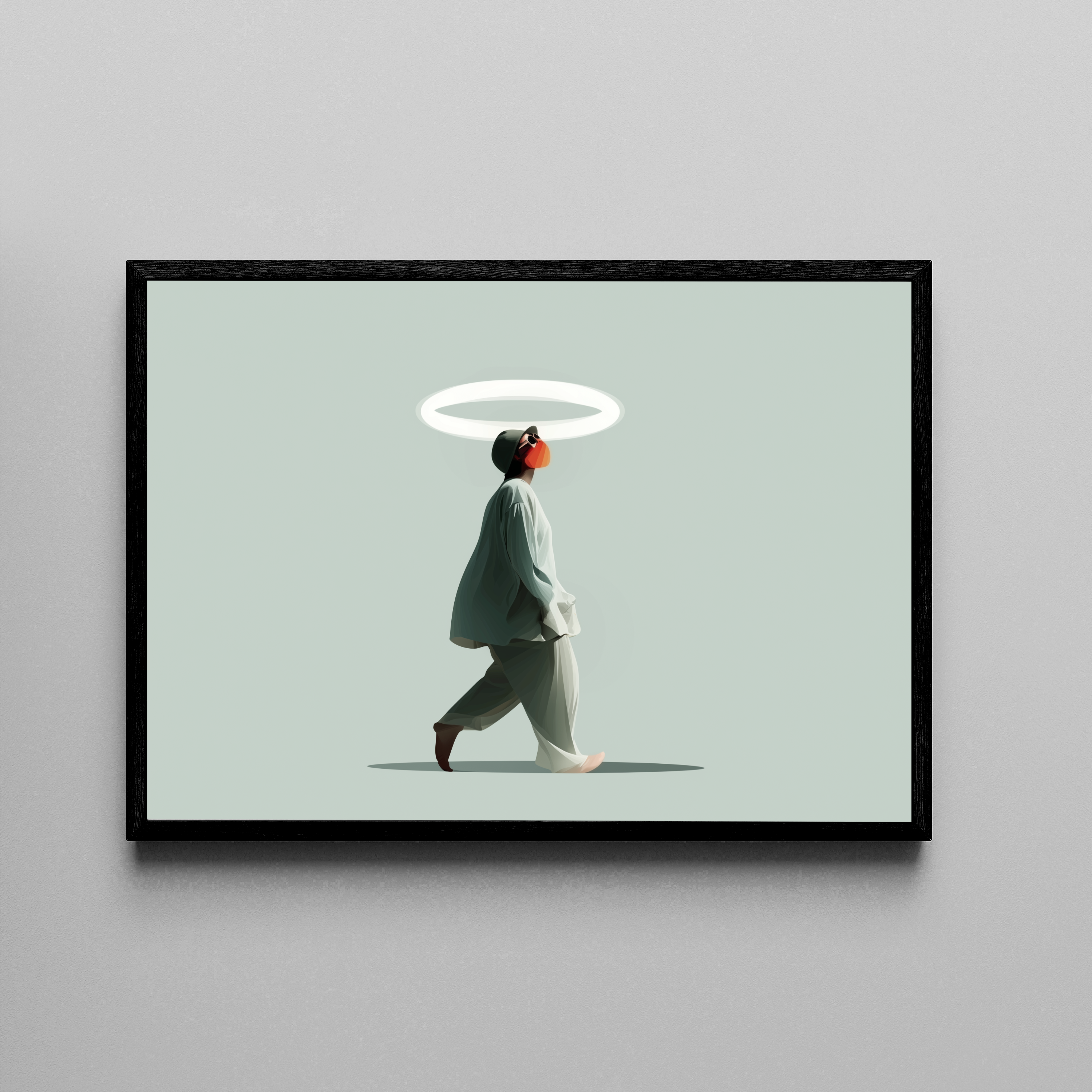 SACRED STRIDE – Person mit leuchtendem Heiligenschein, minimalistisch, Salbeigrün – Poster im schwarzen Rahmen