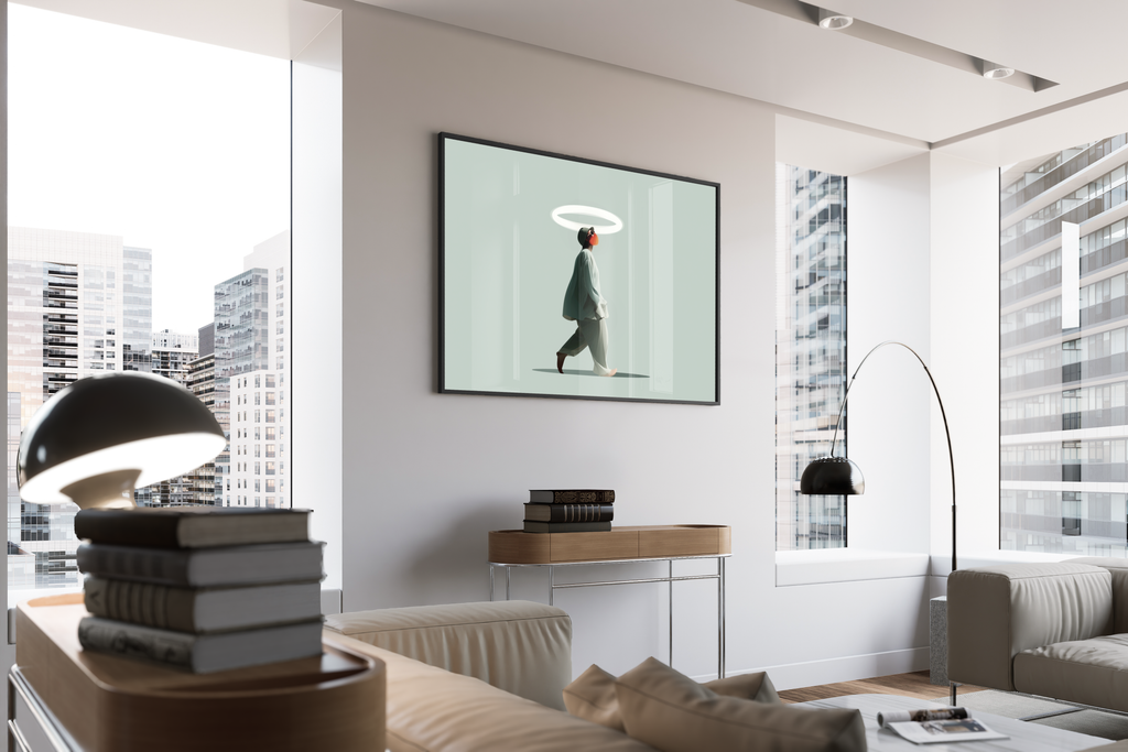 SACRED STRIDE – Person mit leuchtendem Heiligenschein, minimalistisch, Salbeigrün – gerahmtes Poster kaufen