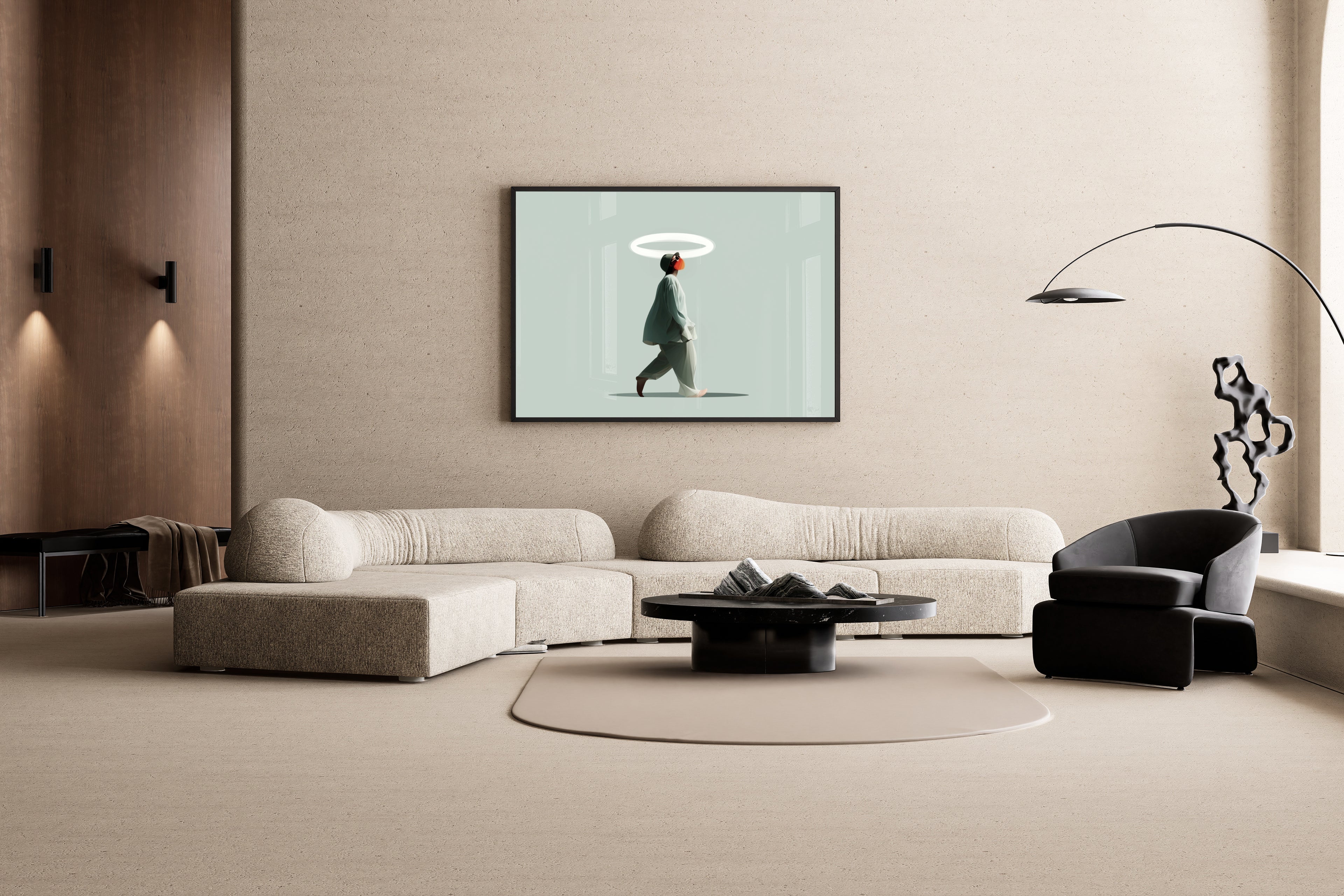 SACRED STRIDE – Person mit leuchtendem Heiligenschein, minimalistisch, Salbeigrün – Wandbild im modernen Wohnzimmer