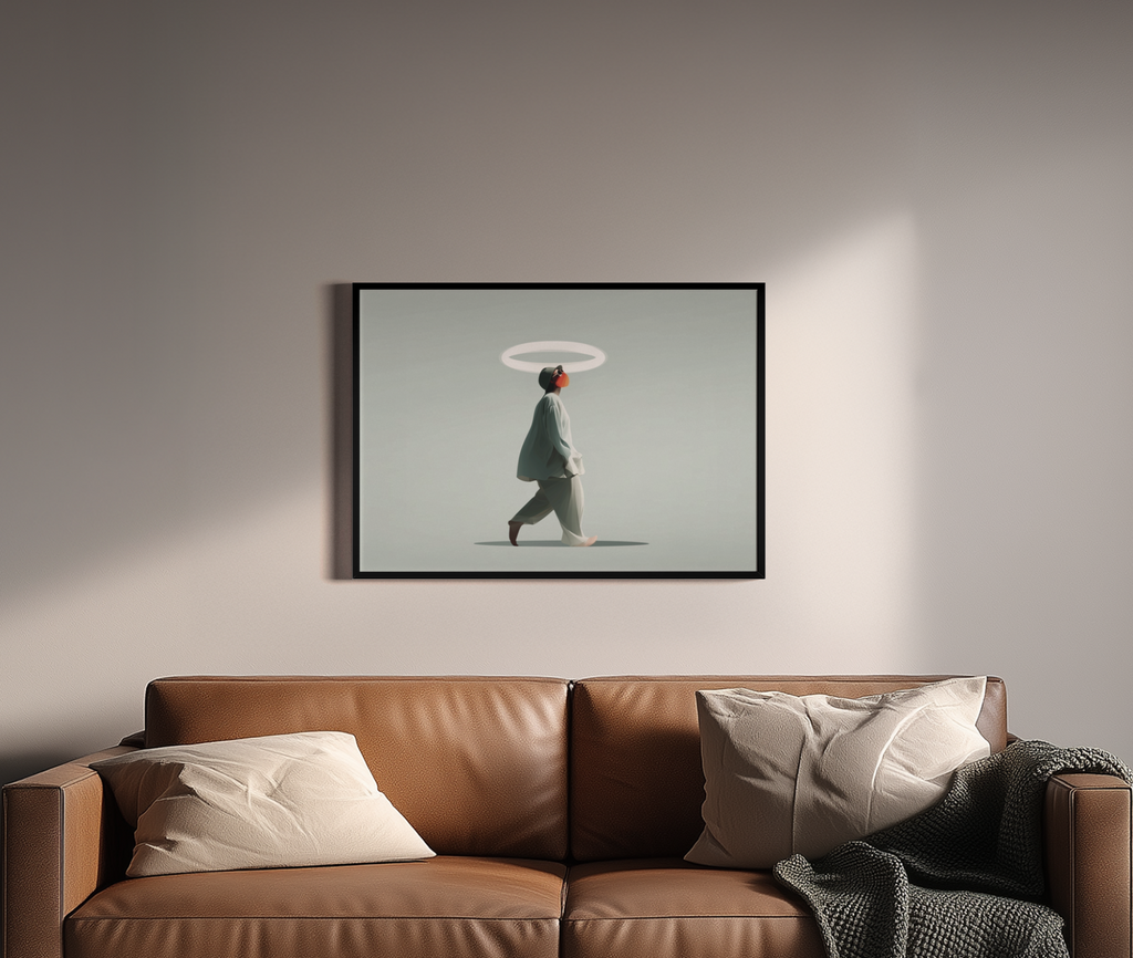 SACRED STRIDE – Person mit leuchtendem Heiligenschein, minimalistisch, Salbeigrün – Wandbild über braunem Ledersofa