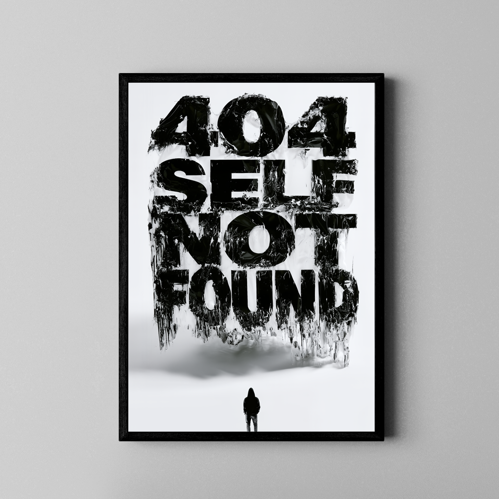 404 Self Not Found – Mensch Typo zerschmolzen schwarz weiß | Distressed-Art-Stil – Poster im schwarzen Rahmen