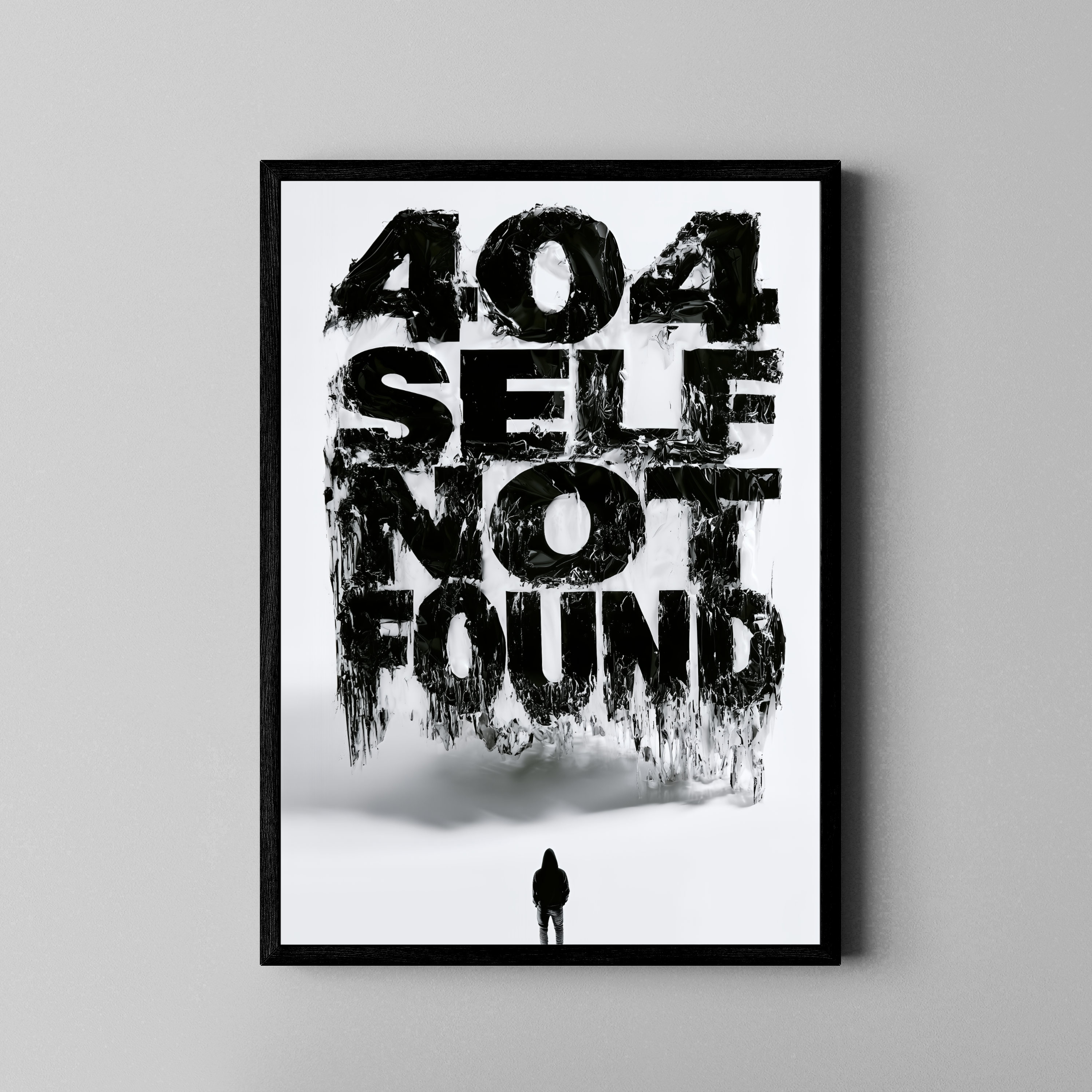 404 Self Not Found – Mensch Typo zerschmolzen schwarz weiß | Distressed-Art-Stil – Poster im schwarzen Rahmen