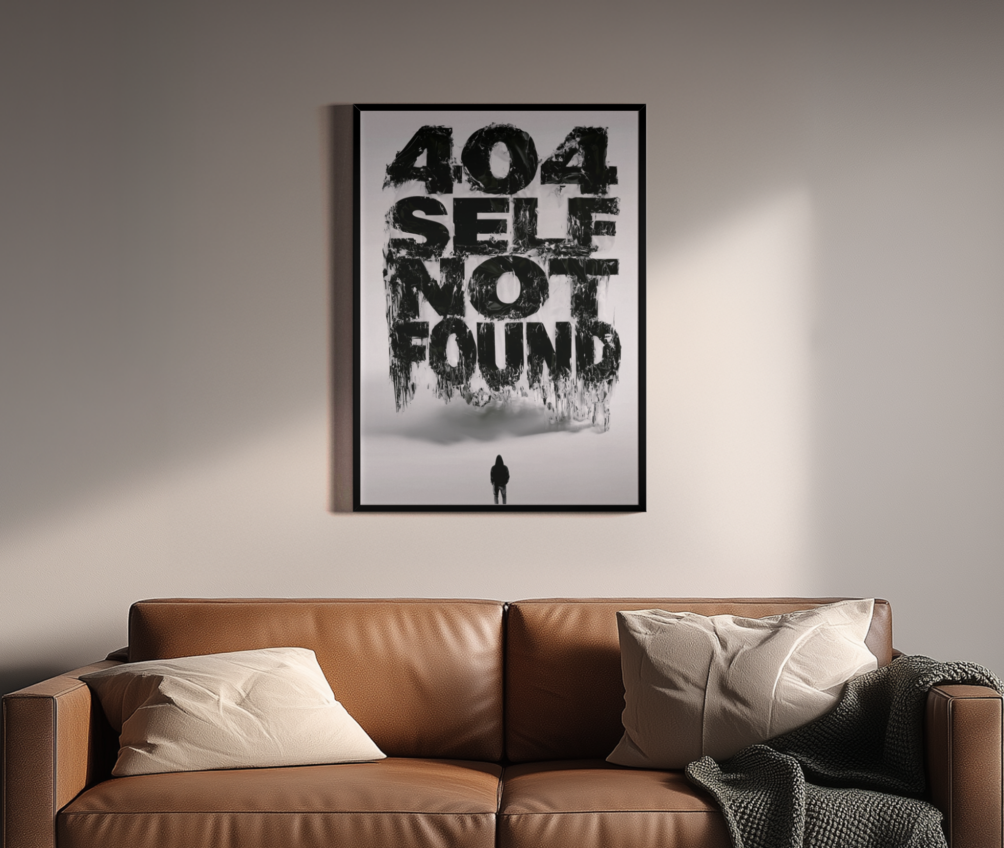 404 Self Not Found – Silhouette 404 Error Statement Urban Art | Street-Art-Optik – Wandbild über braunem Ledersofa