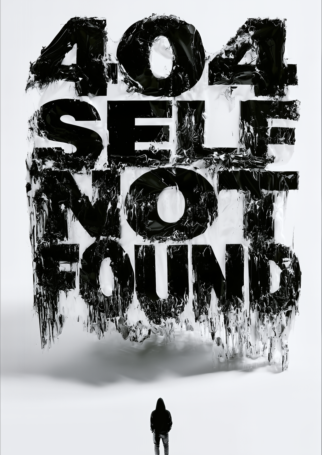 404 Self Not Found – Silhouette unter zerfallender Typo schwarz | Distressed-Art-Optik – eleganter Kunstdruck