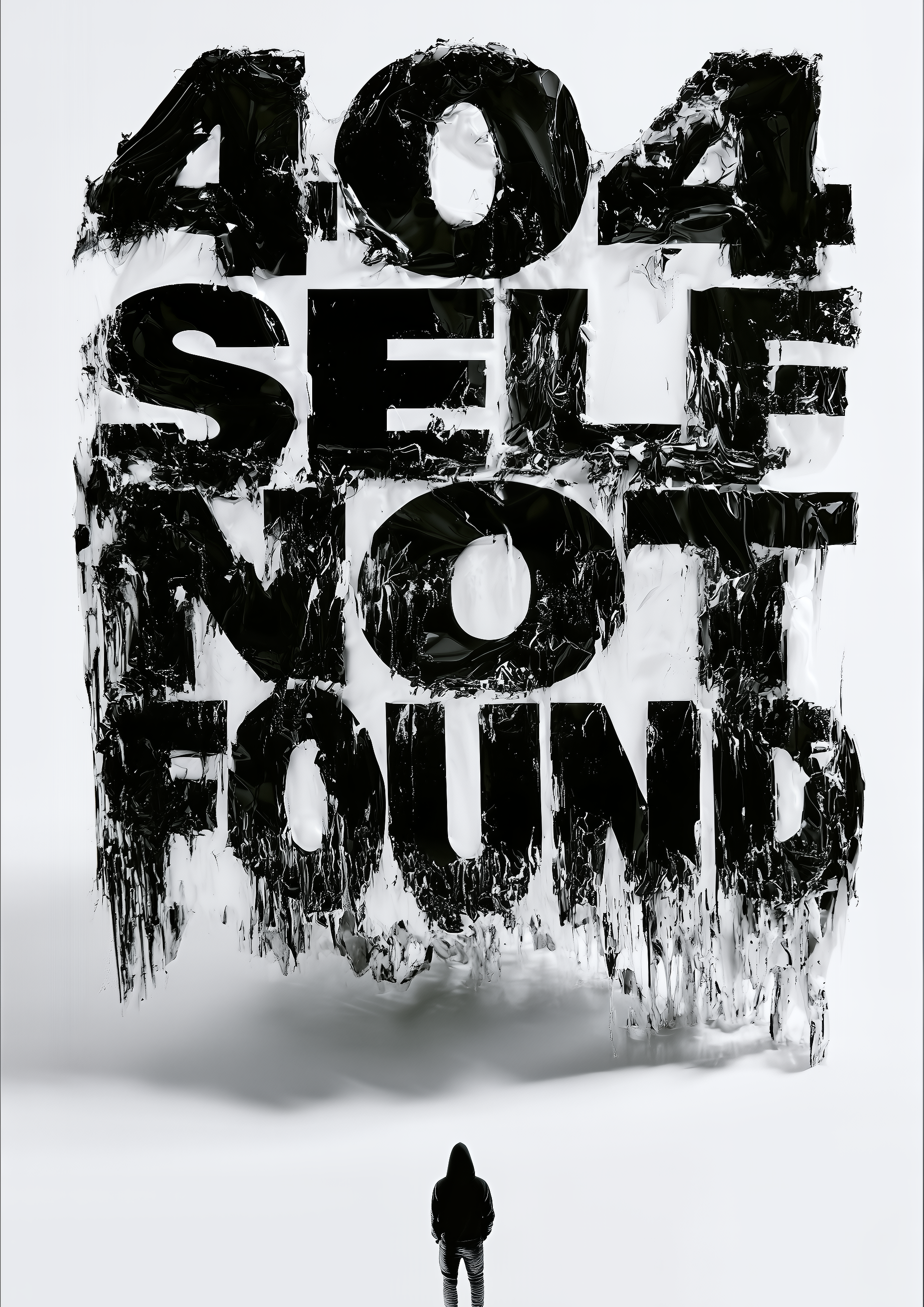 404 Self Not Found – Silhouette unter zerfallender Typo schwarz | Distressed-Art-Optik – eleganter Kunstdruck