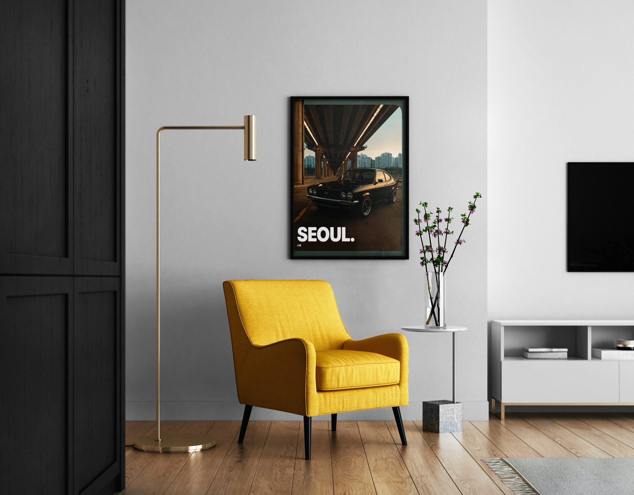 Seoul. – Hyundai Pony Seoul Skyline atmosphärische Lichtstimmung | Nacht-Atmosphäre-Stil – Wandbild im modernen Wohnzimmer