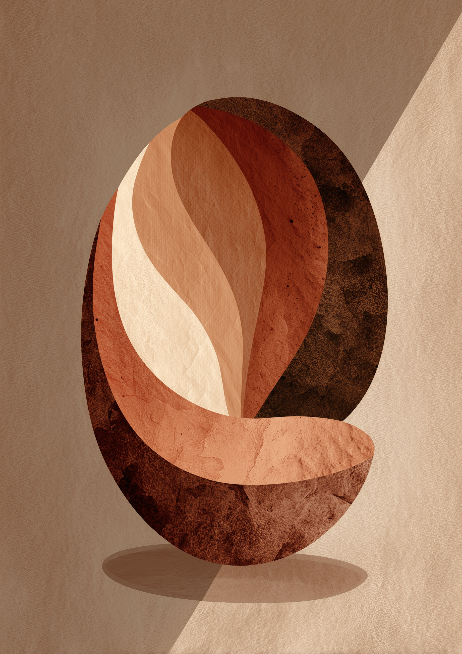 Abstrakte Kaffeebohne in Terrakotta-Erdtönen mit Papier-Collage-Textur – minimalistischer Fine Art Kunstdruck