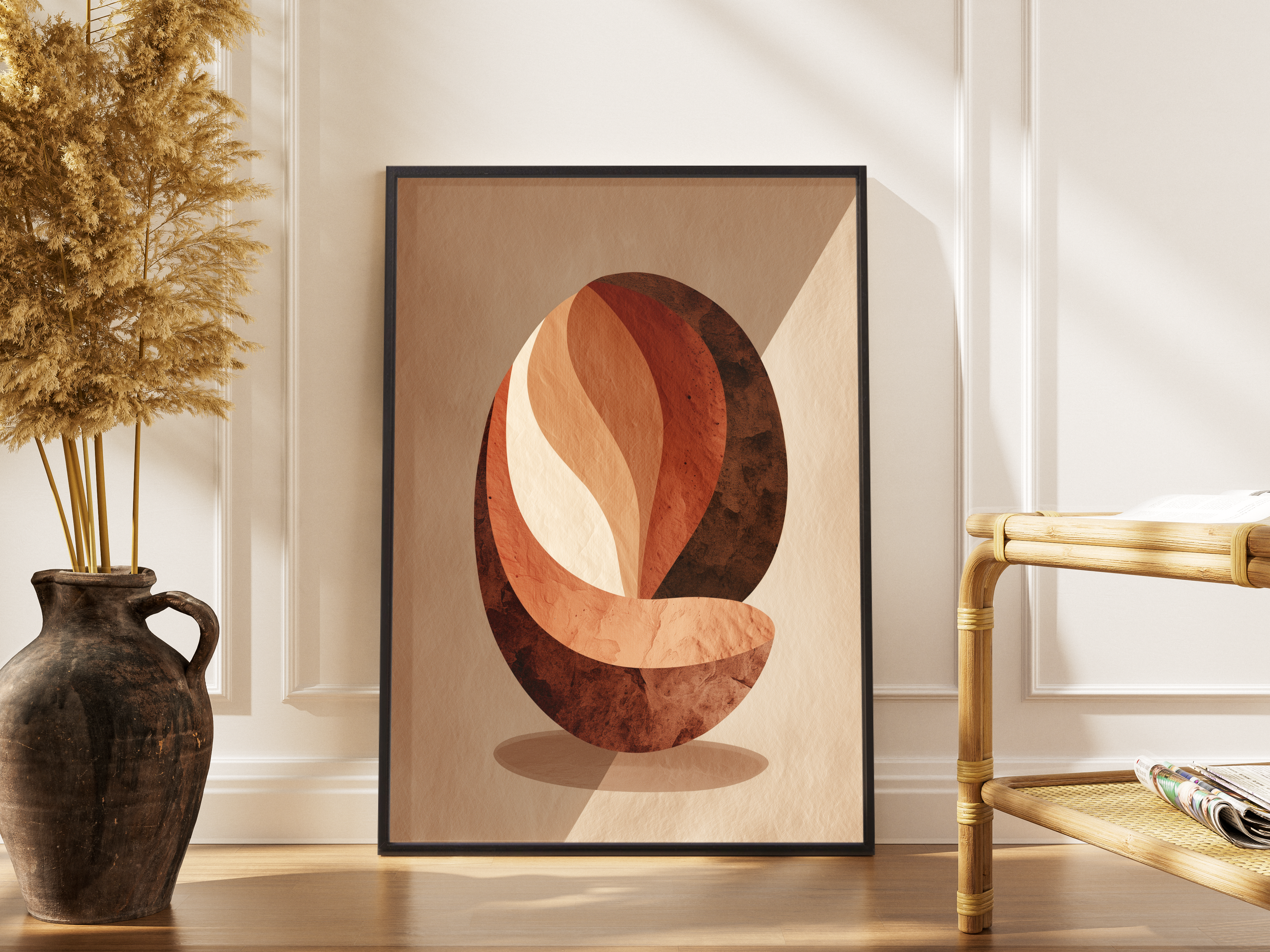 Abstrakte Kaffeebohne in Terrakotta-Erdtönen mit Papier-Collage-Textur – gerahmter Fine Art Kunstdruck kaufen