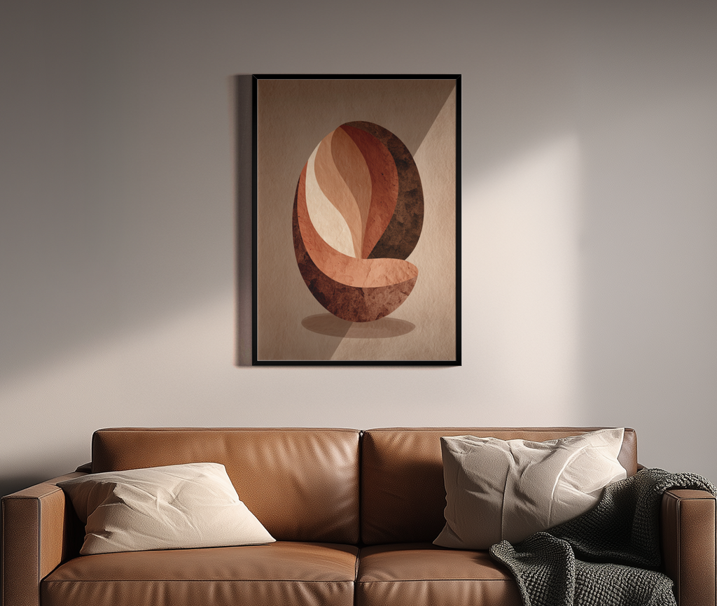 Abstrakte Kaffeebohne in Terrakotta-Erdtönen mit Papier-Collage-Textur – Wandbild über braunem Ledersofa