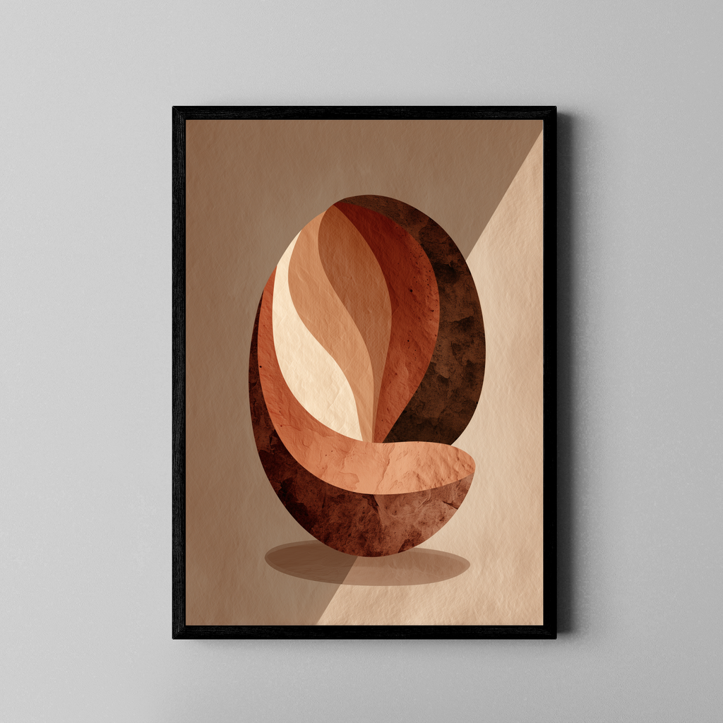 Abstrakte Kaffeebohne in Terrakotta-Erdtönen mit Papier-Collage-Textur – Fine Art Poster im schwarzen Rahmen