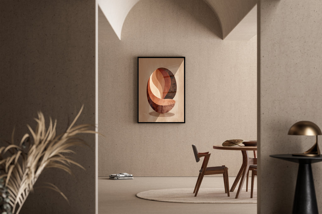 Abstrakte Kaffeebohne in Terrakotta-Erdtönen mit Papier-Collage-Textur – Kunstdruck im mediterranen Esszimmer