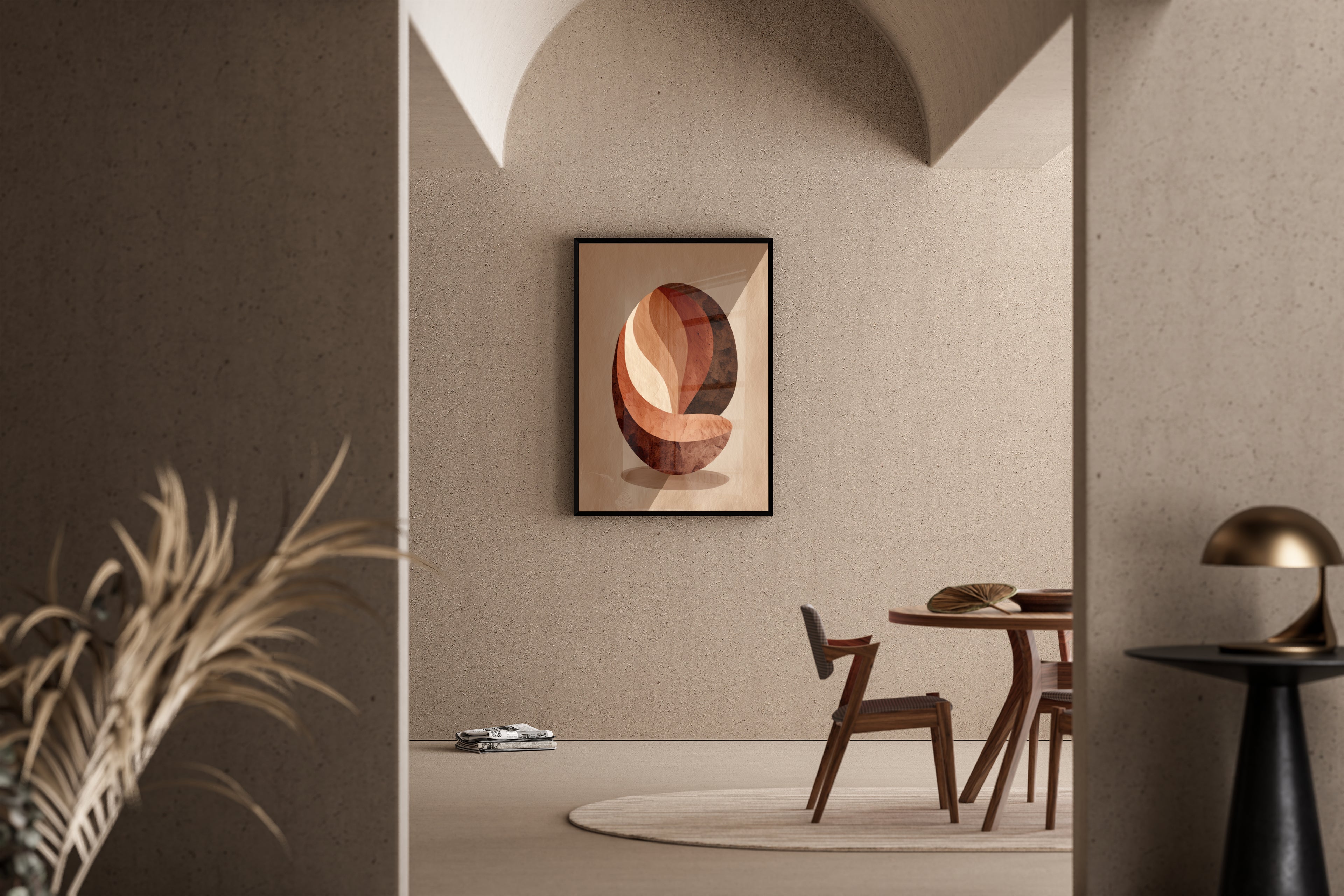 Abstrakte Kaffeebohne in Terrakotta-Erdtönen mit Papier-Collage-Textur – Kunstdruck im mediterranen Esszimmer