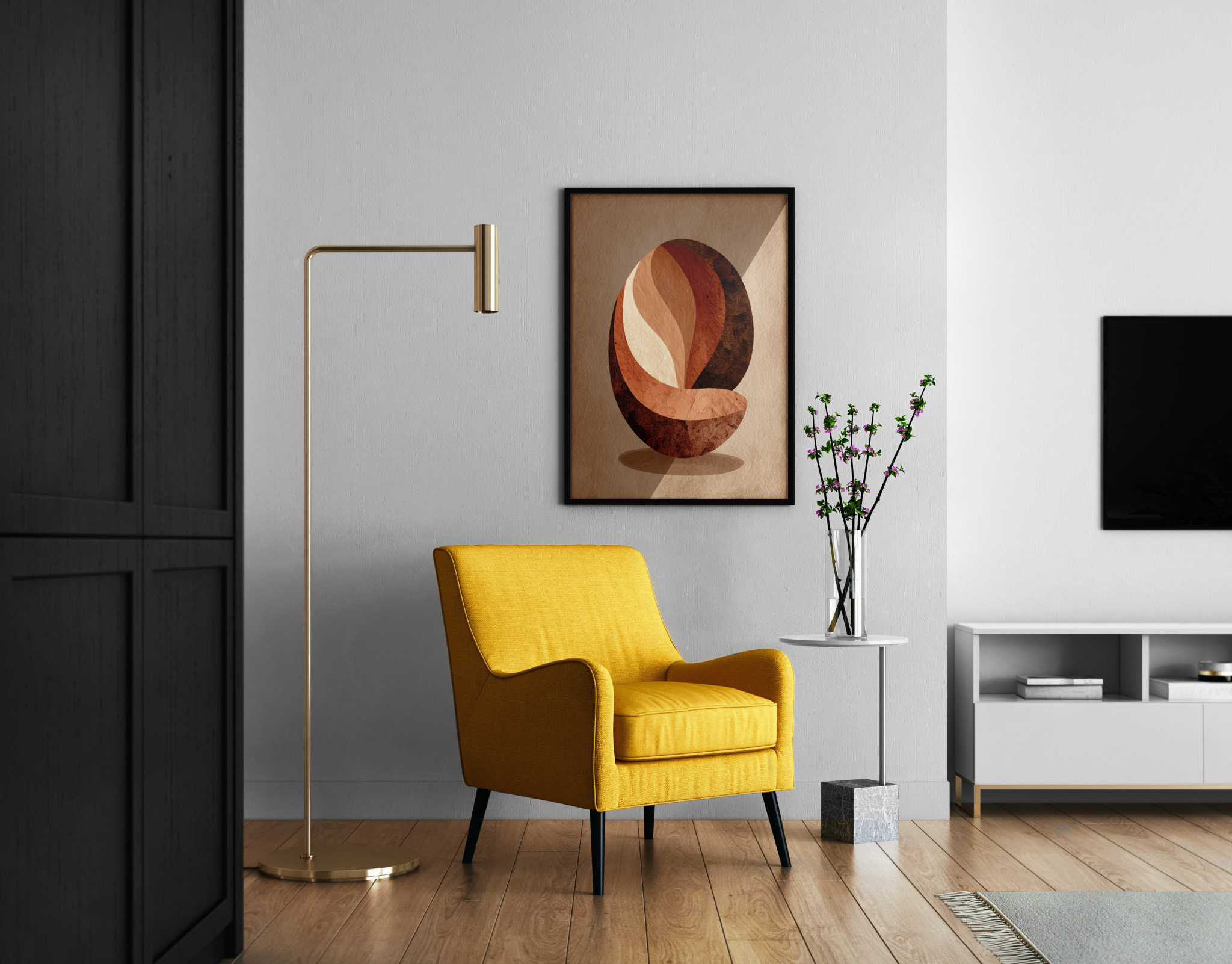 Abstrakte Kaffeebohne in Terrakotta-Erdtönen mit Papier-Collage-Textur – minimalistischer Poster im modernen Wohnzimmer
