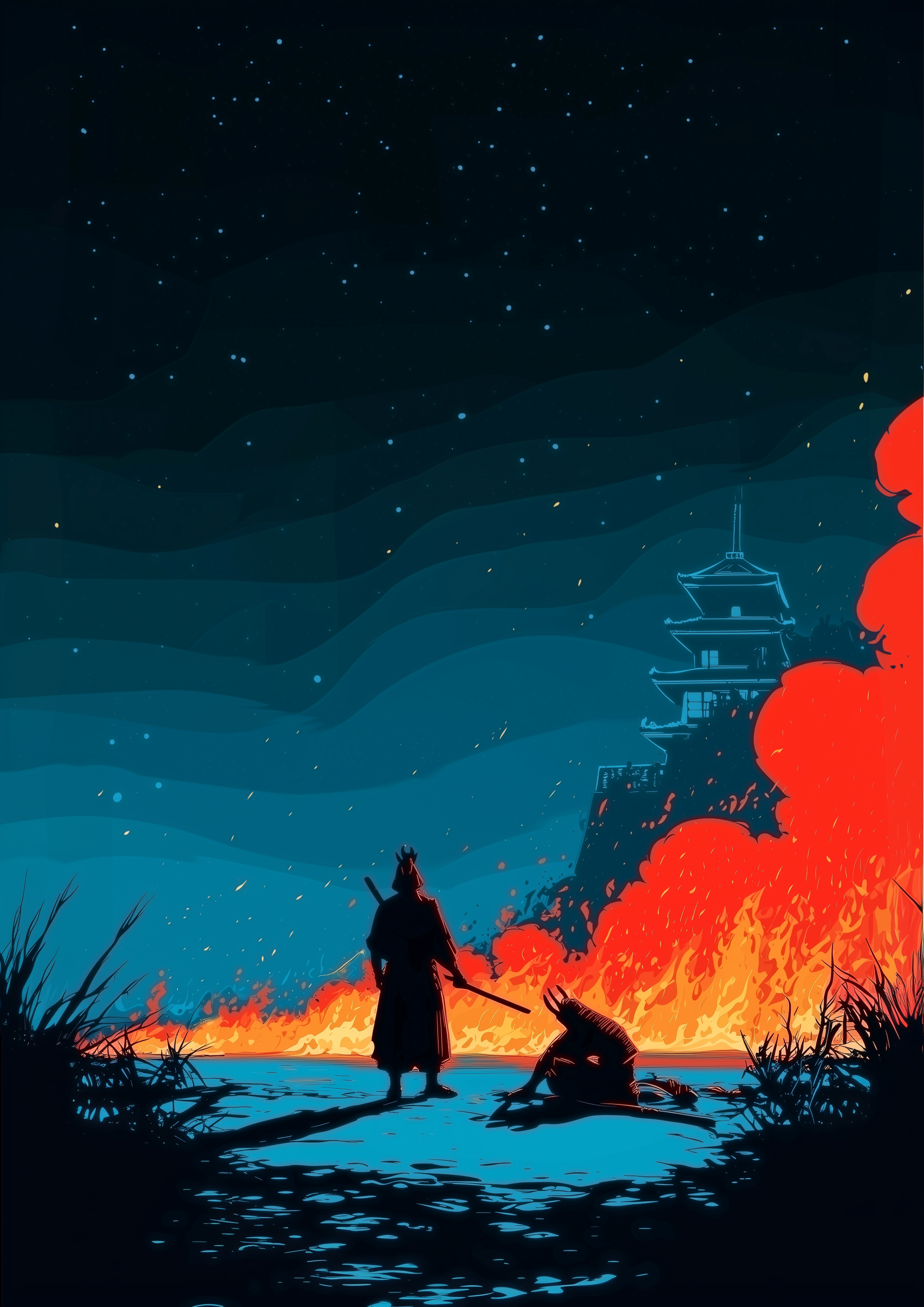 Samurai-Silhouette vor brennender Pagode unter Sternenhimmel – dramatischer Japan Kunstdruck