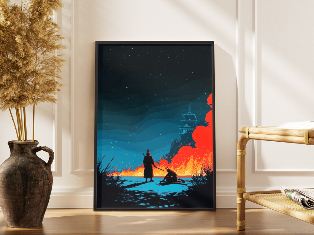 Samurai-Silhouette vor brennender Pagode unter Sternenhimmel – gerahmter Japan Kunstdruck kaufen