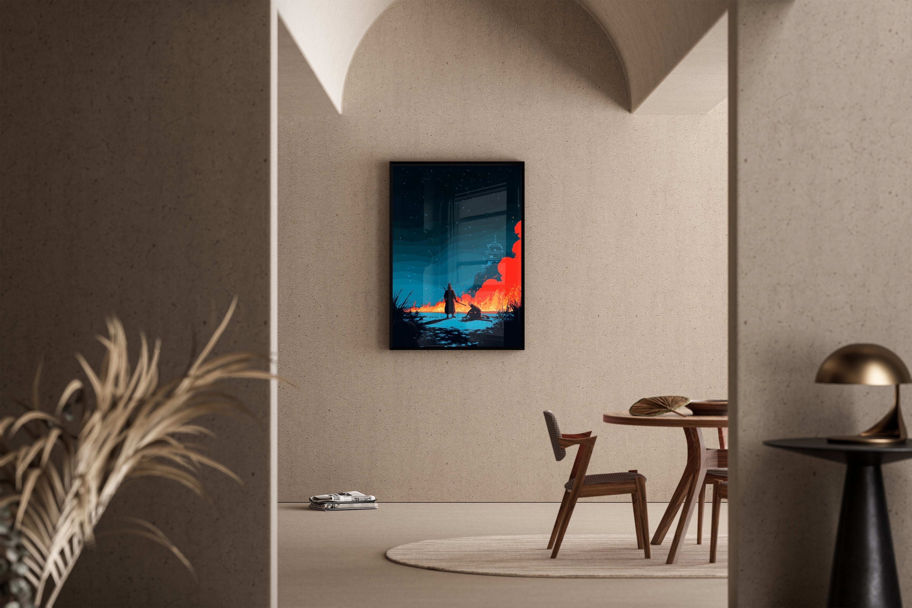 Samurai-Silhouette vor brennender Pagode unter Sternenhimmel – Kunstdruck im mediterranen Esszimmer