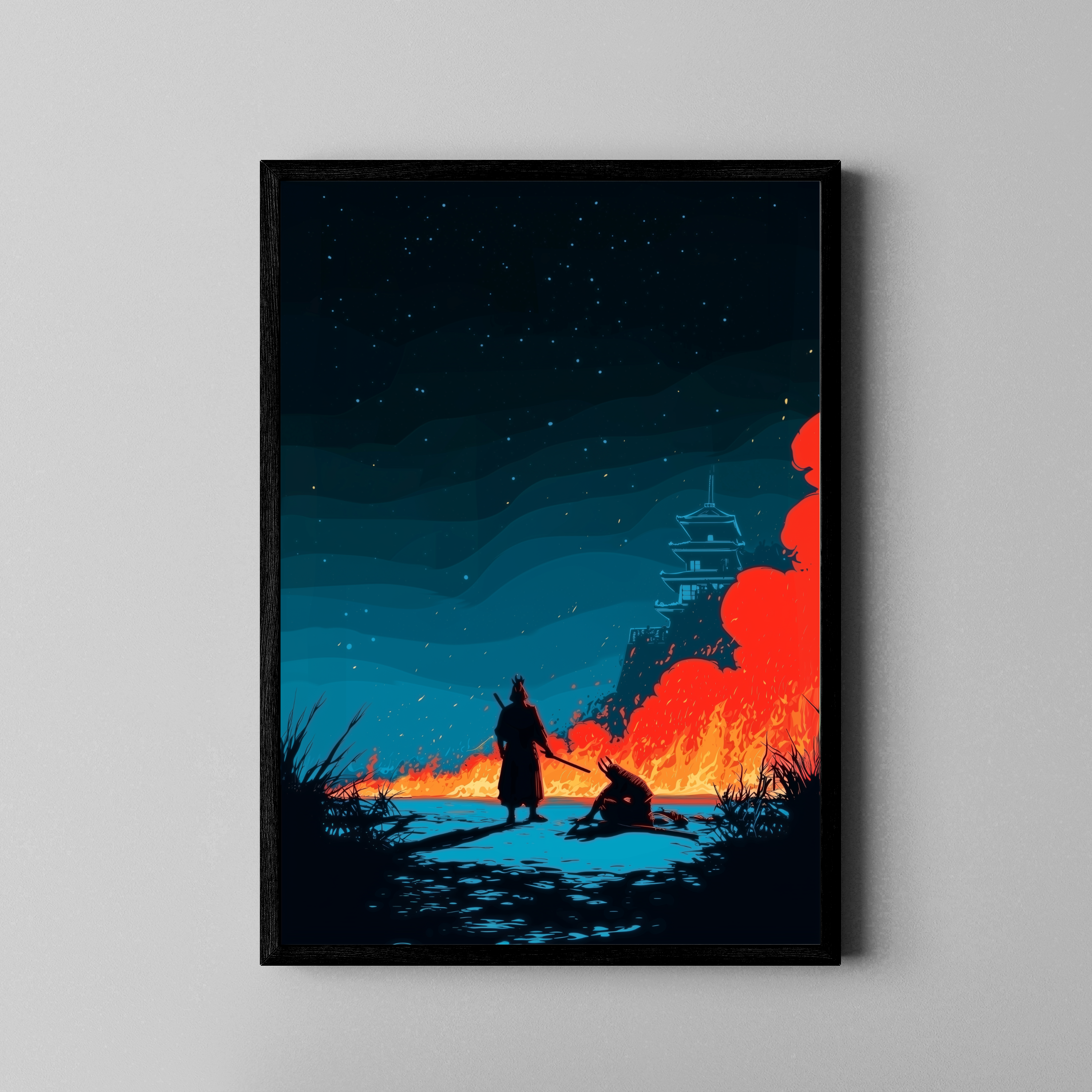 Samurai-Silhouette vor brennender Pagode unter Sternenhimmel – Japan Poster im schwarzen Rahmen