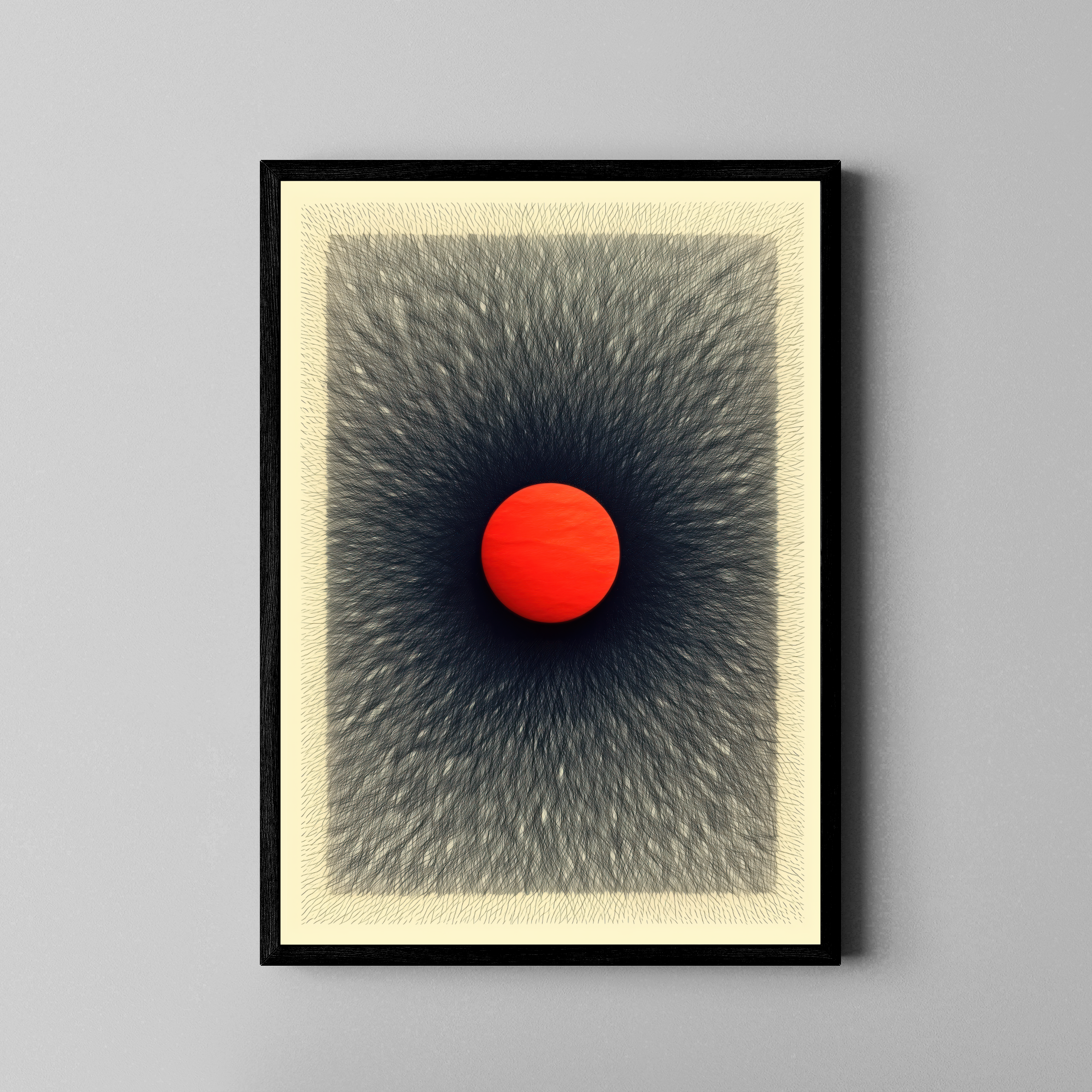Singularity – rote Kugel im kosmischen Dunkel | Abstrakte Fine Art – Poster im schwarzen Rahmen