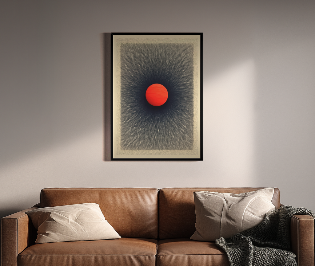 Singularity – Sphäre leuchtet aus strukturierter Dunkelheit | Stippling-Optik – Wandbild über braunem Ledersofa