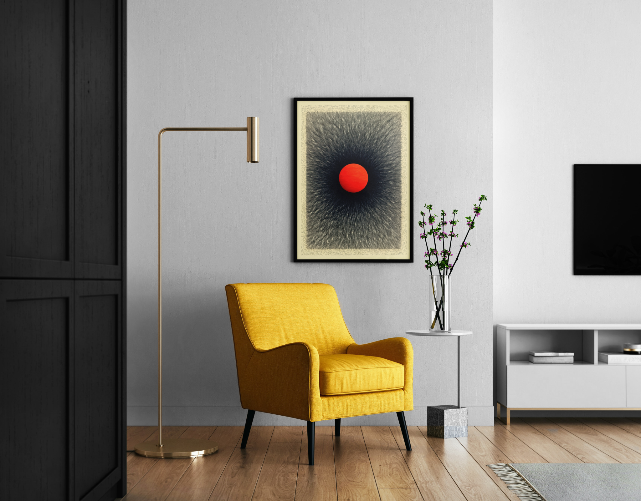Singularity – abstrakte rote Kugel im Dunkel | Avantgarde-Kunstdruck – Wandbild im modernen Wohnzimmer