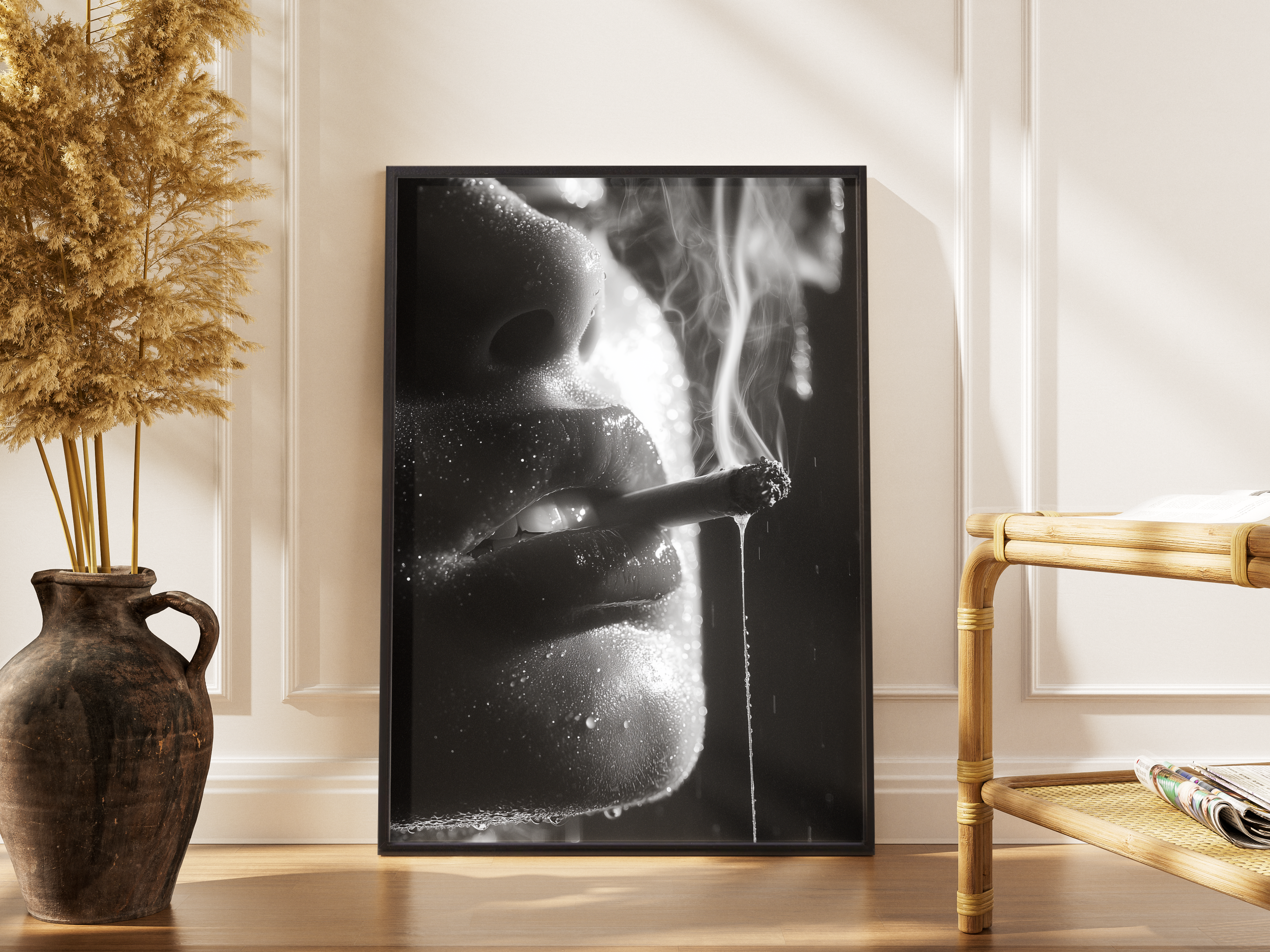 Smoky Dreams – Noir-Porträt Zigarette Rauch Wanddekoration | Schwarz-weiß-Fotodruck – gerahmtes Poster kaufen