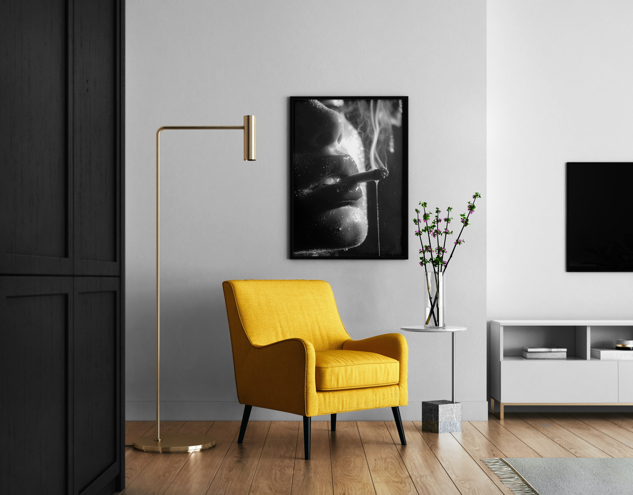 Smoky Dreams – dramatische Rauch-Licht-Komposition Lippen | Modefotografie-Stil – Wandbild im modernen Wohnzimmer