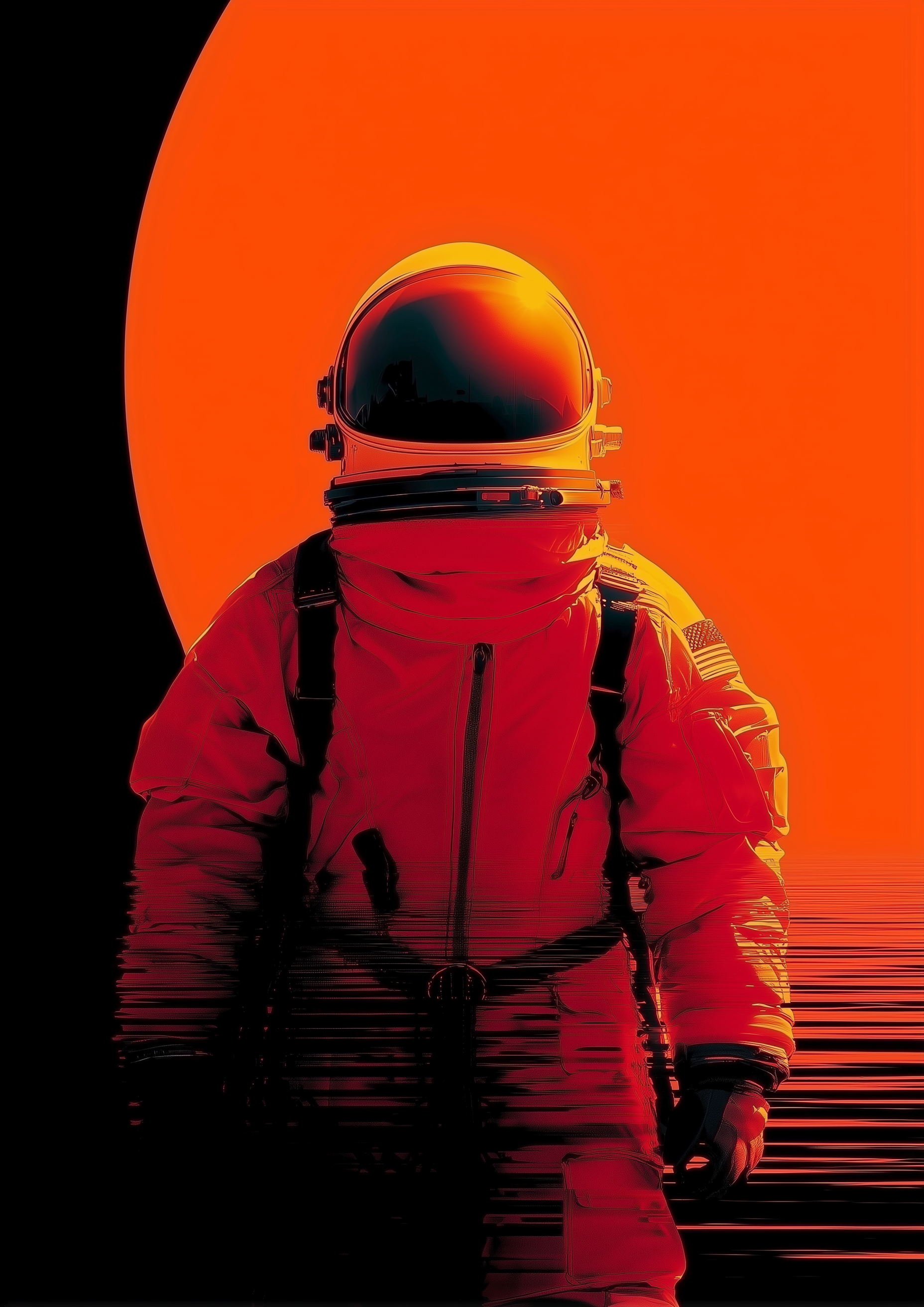Astronaut Kunstdruck – Raumfahrer in orangerotem Glitch-Stil vor dunklem Kreis – Science-Fiction Poster