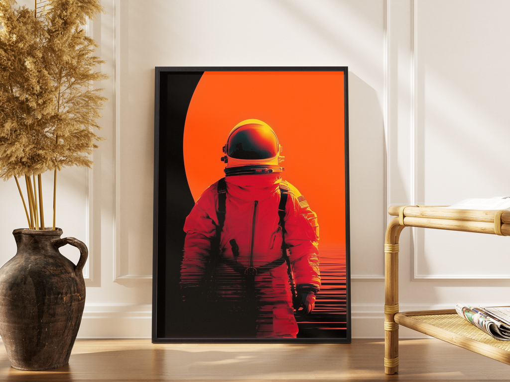 Astronaut Kunstdruck – Raumfahrer in orangerotem Glitch-Stil vor dunklem Kreis – gerahmtes Poster kaufen