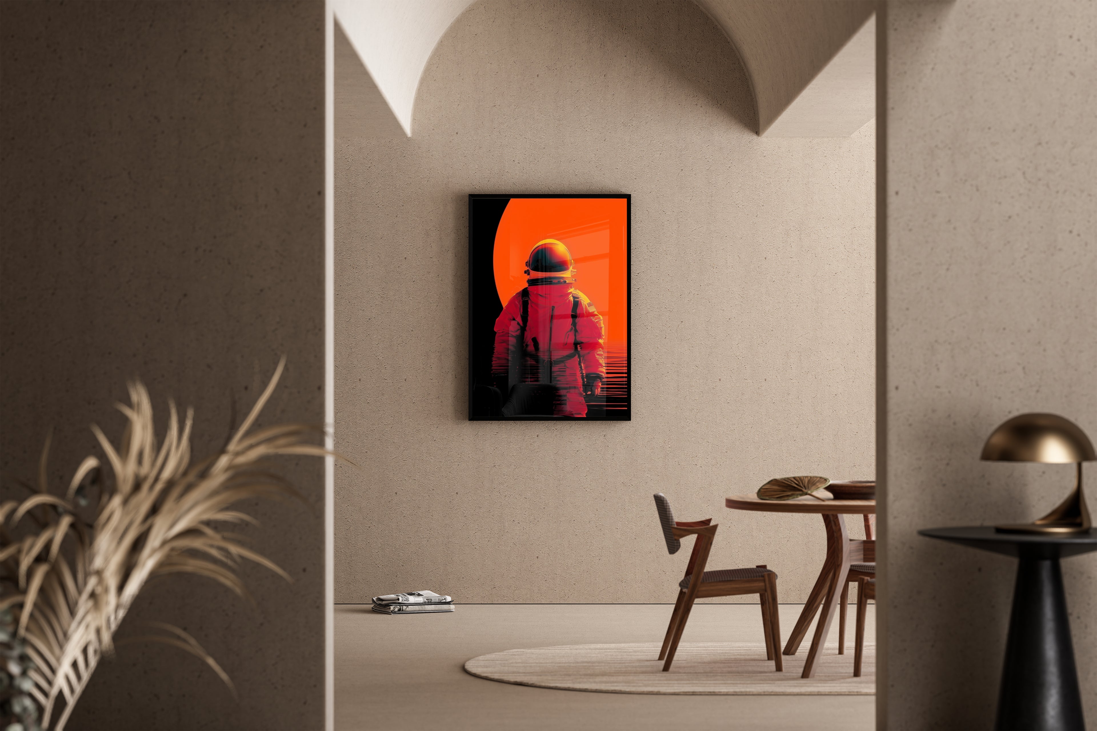 Astronaut Kunstdruck – Raumfahrer in orangerotem Glitch-Stil vor dunklem Kreis – Poster im Esszimmer
