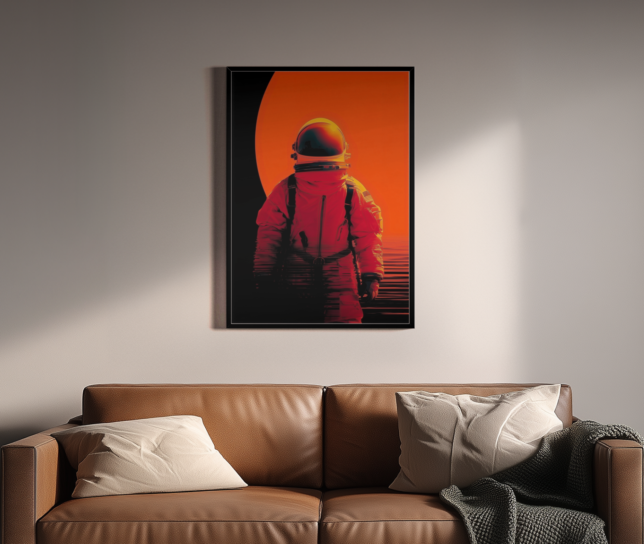 Astronaut Kunstdruck – Raumfahrer in orangerotem Glitch-Stil vor dunklem Kreis – Wandbild über braunem Ledersofa