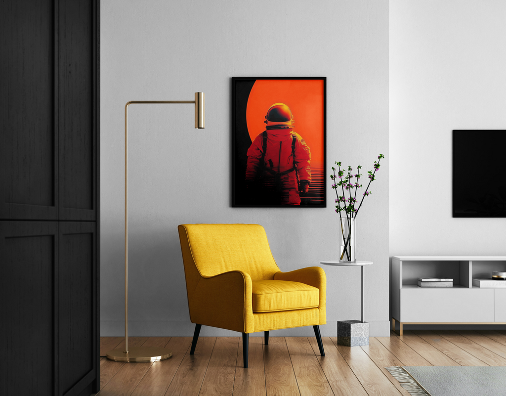 Astronaut Kunstdruck – Raumfahrer in orangerotem Glitch-Stil vor dunklem Kreis – Wandbild im modernen Wohnzimmer