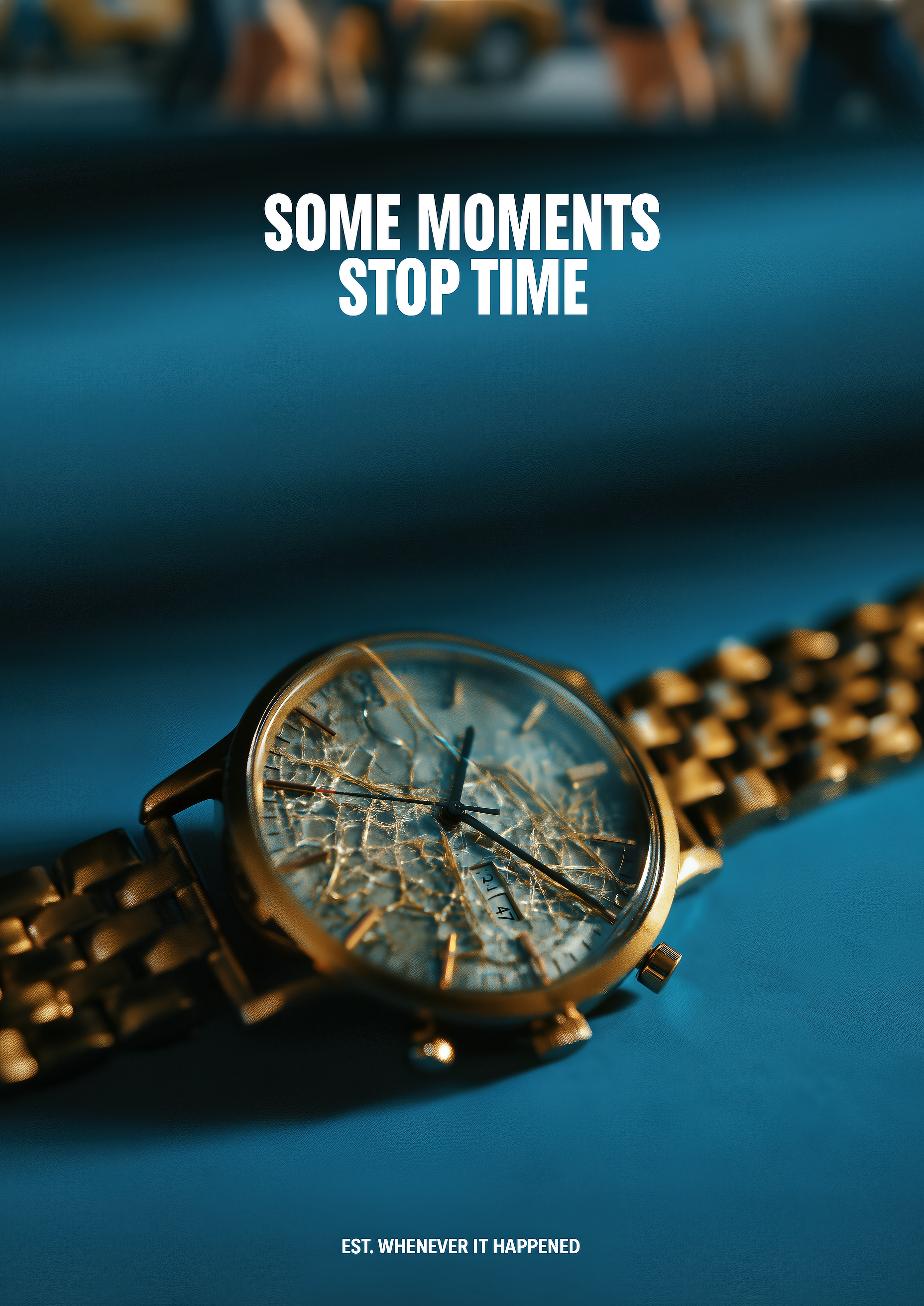 Some Moments Stop Time – goldene Armbanduhr zersplittert blau | Fotografie-Optik – eleganter Kunstdruck