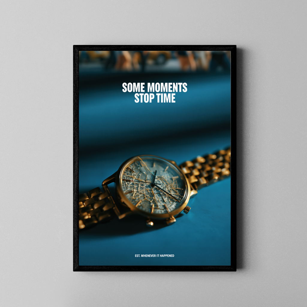 Some Moments Stop Time – Armbanduhr Goldton Zifferblatt gerissen | Fotografie-Stil – Poster im schwarzen Rahmen