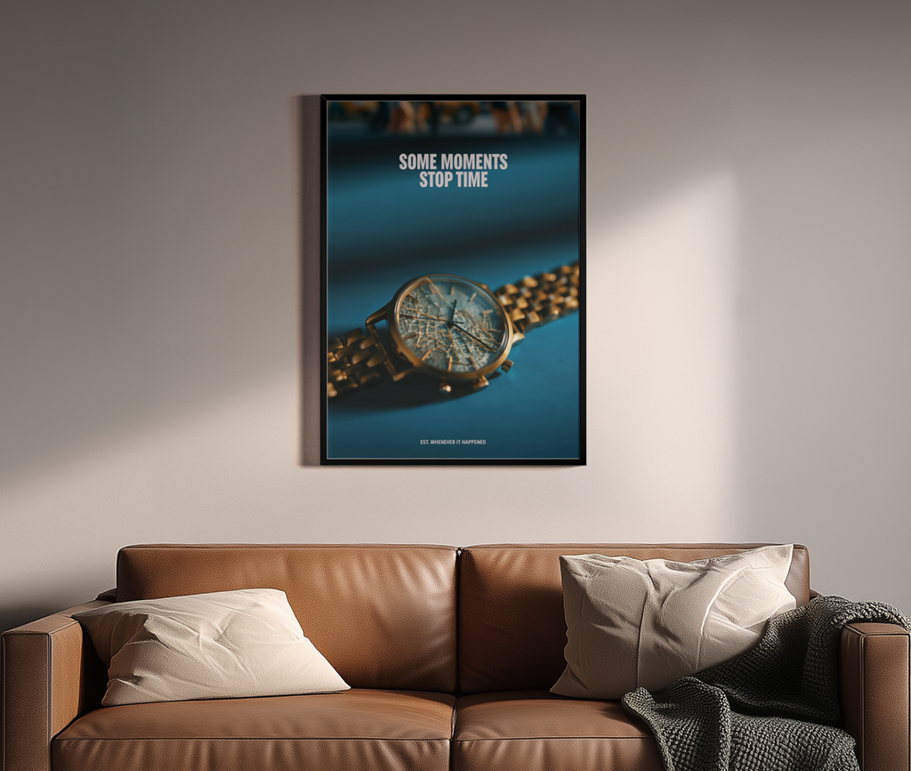 Some Moments Stop Time – Uhr petrol gold Statement cinematic | Cinematic-Fotografie-Optik – Wandbild über braunem Ledersofa