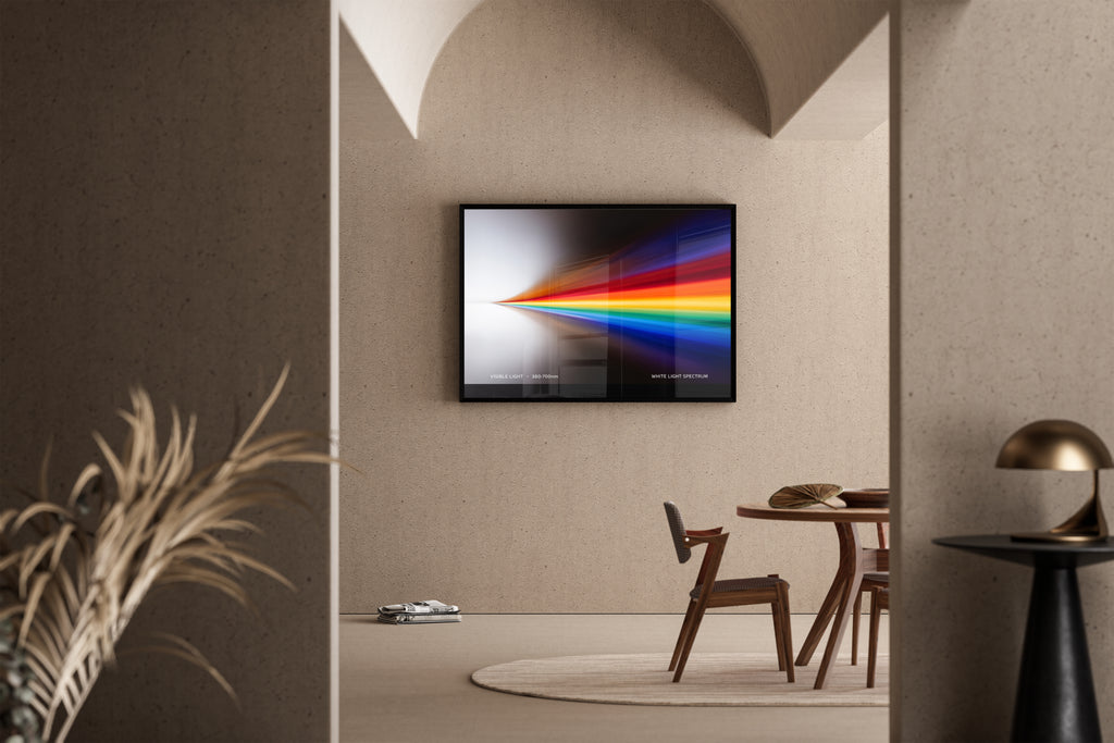 WHITE LIGHT SPECTRUM – Lichtspektrum 380–700nm, Regenbogenfarben auf schwarzem Hintergrund – Poster im Esszimmer