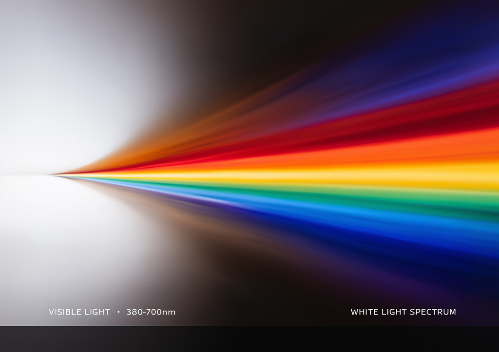 WHITE LIGHT SPECTRUM – Lichtspektrum 380–700nm, Regenbogenfarben auf schwarzem Hintergrund – eleganter Kunstdruck