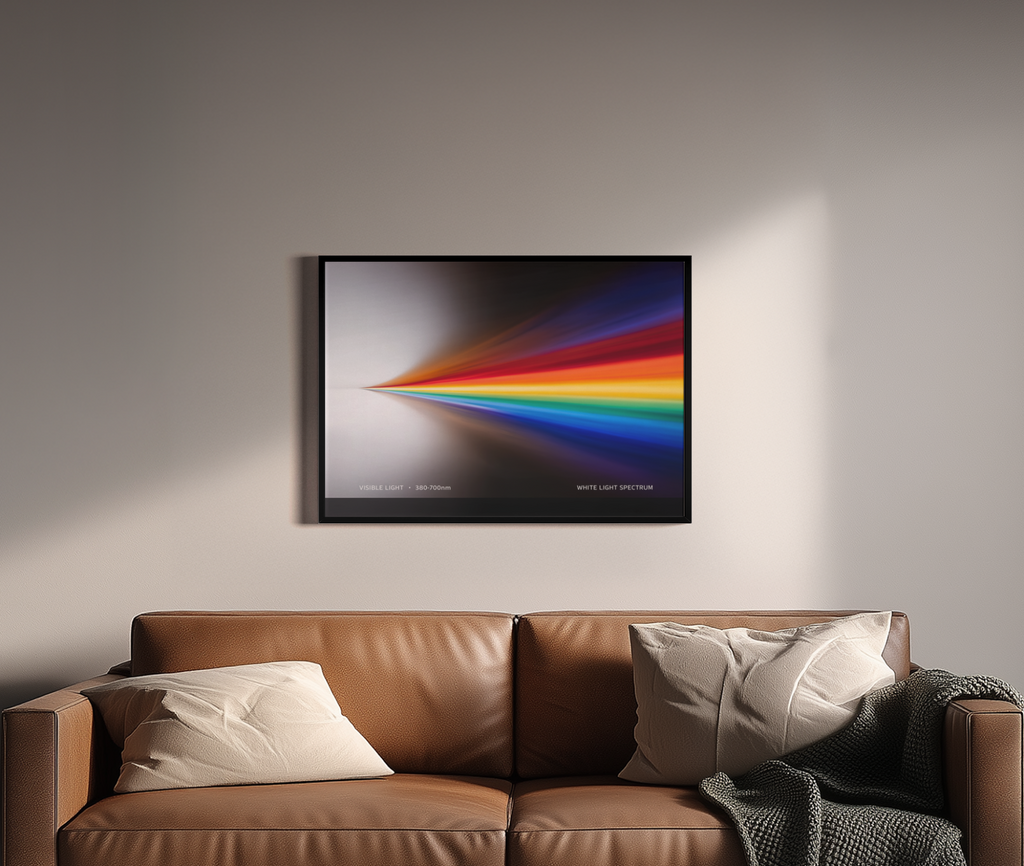 WHITE LIGHT SPECTRUM – Lichtspektrum 380–700nm, Regenbogenfarben auf schwarzem Hintergrund – Wandbild über braunem Ledersofa