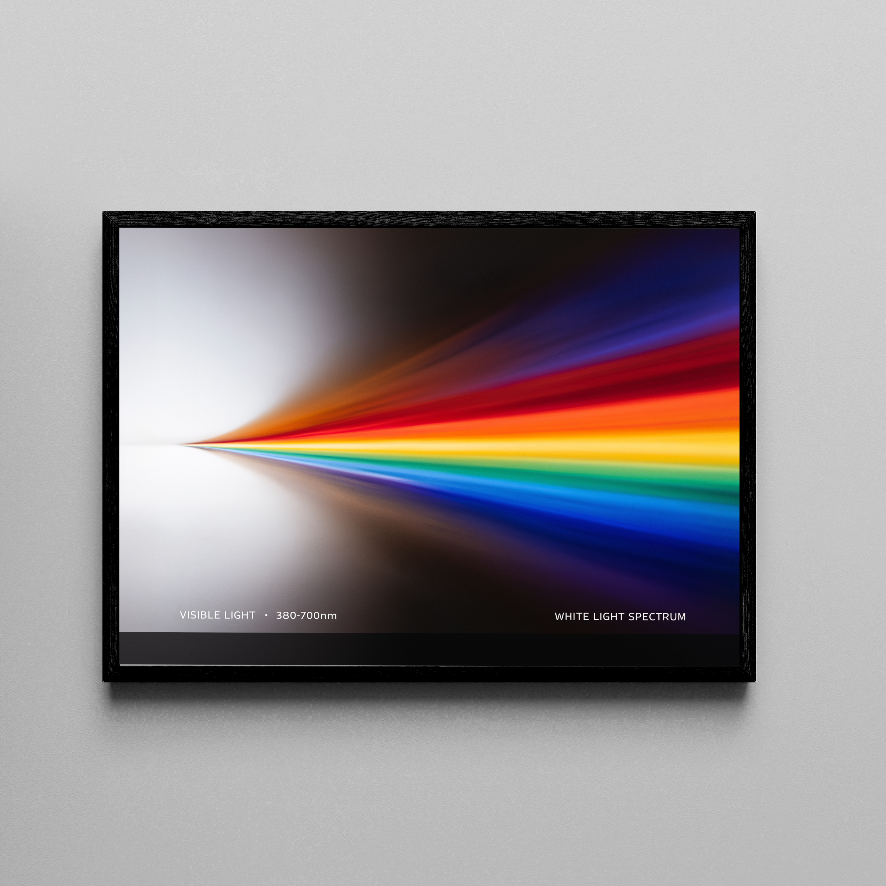 WHITE LIGHT SPECTRUM – Lichtspektrum 380–700nm, Regenbogenfarben auf schwarzem Hintergrund – Poster im schwarzen Rahmen