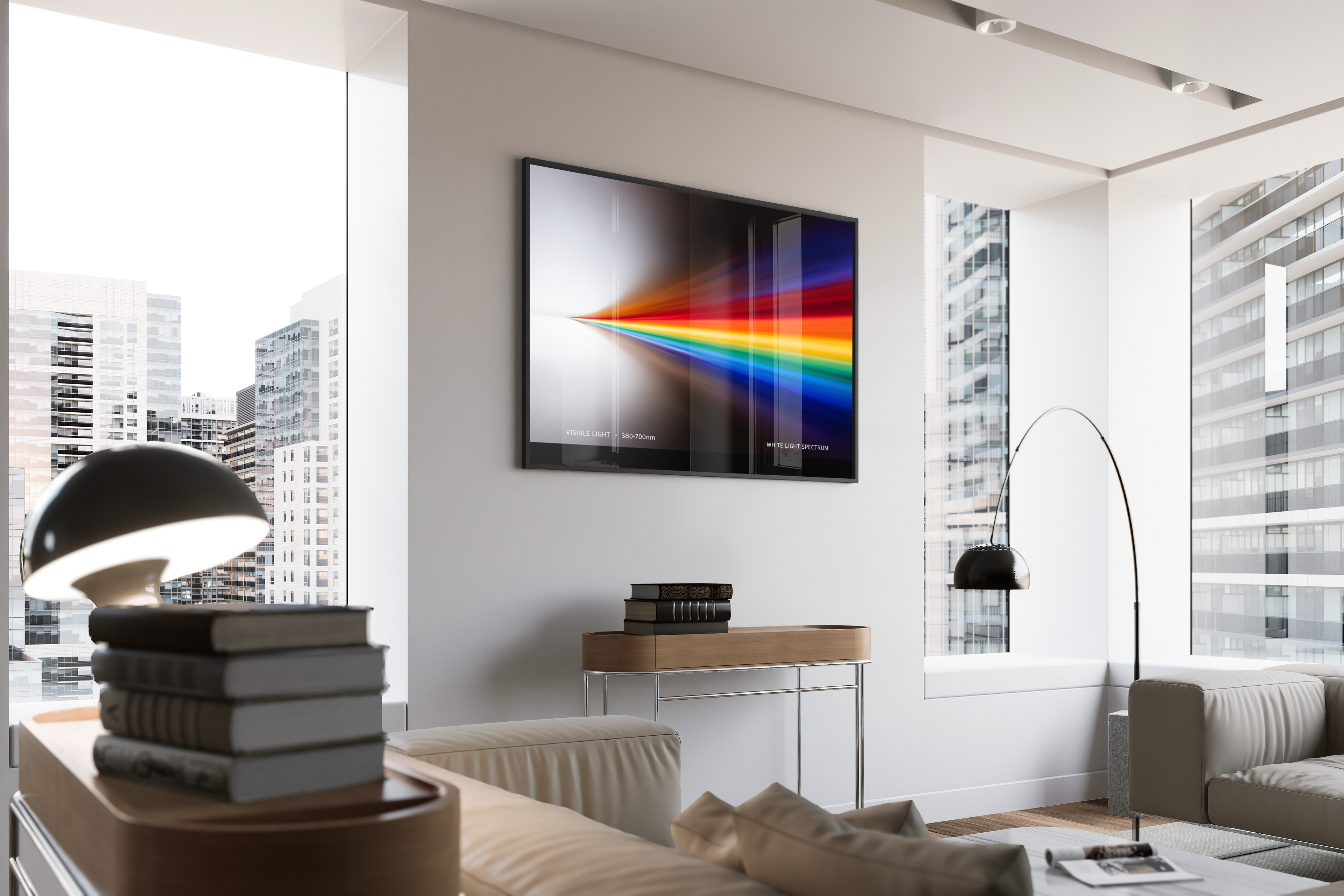 WHITE LIGHT SPECTRUM – Lichtspektrum 380–700nm, Regenbogenfarben auf schwarzem Hintergrund – gerahmtes Poster kaufen