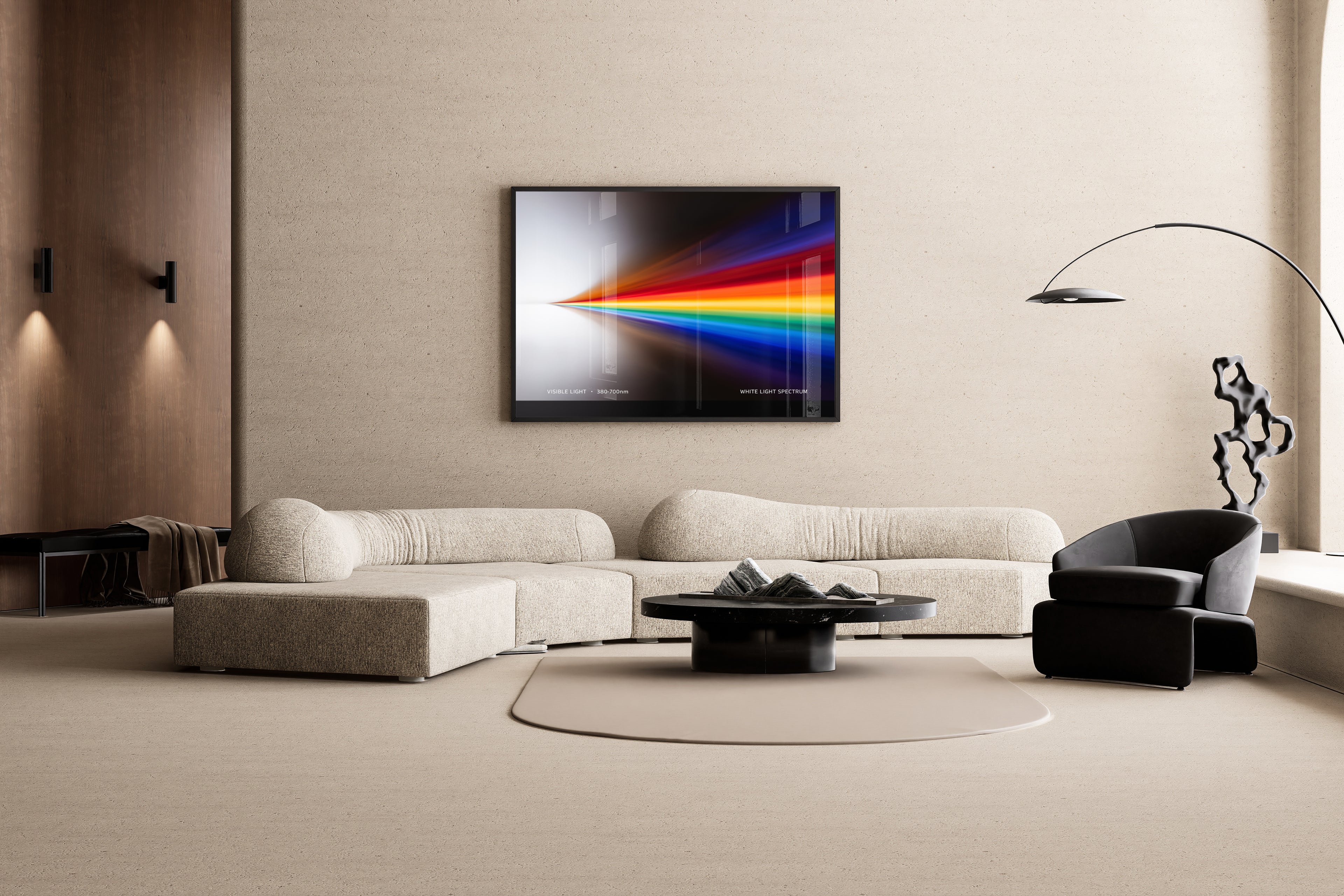 WHITE LIGHT SPECTRUM – Lichtspektrum 380–700nm, Regenbogenfarben auf schwarzem Hintergrund – Wandbild im modernen Wohnzimmer