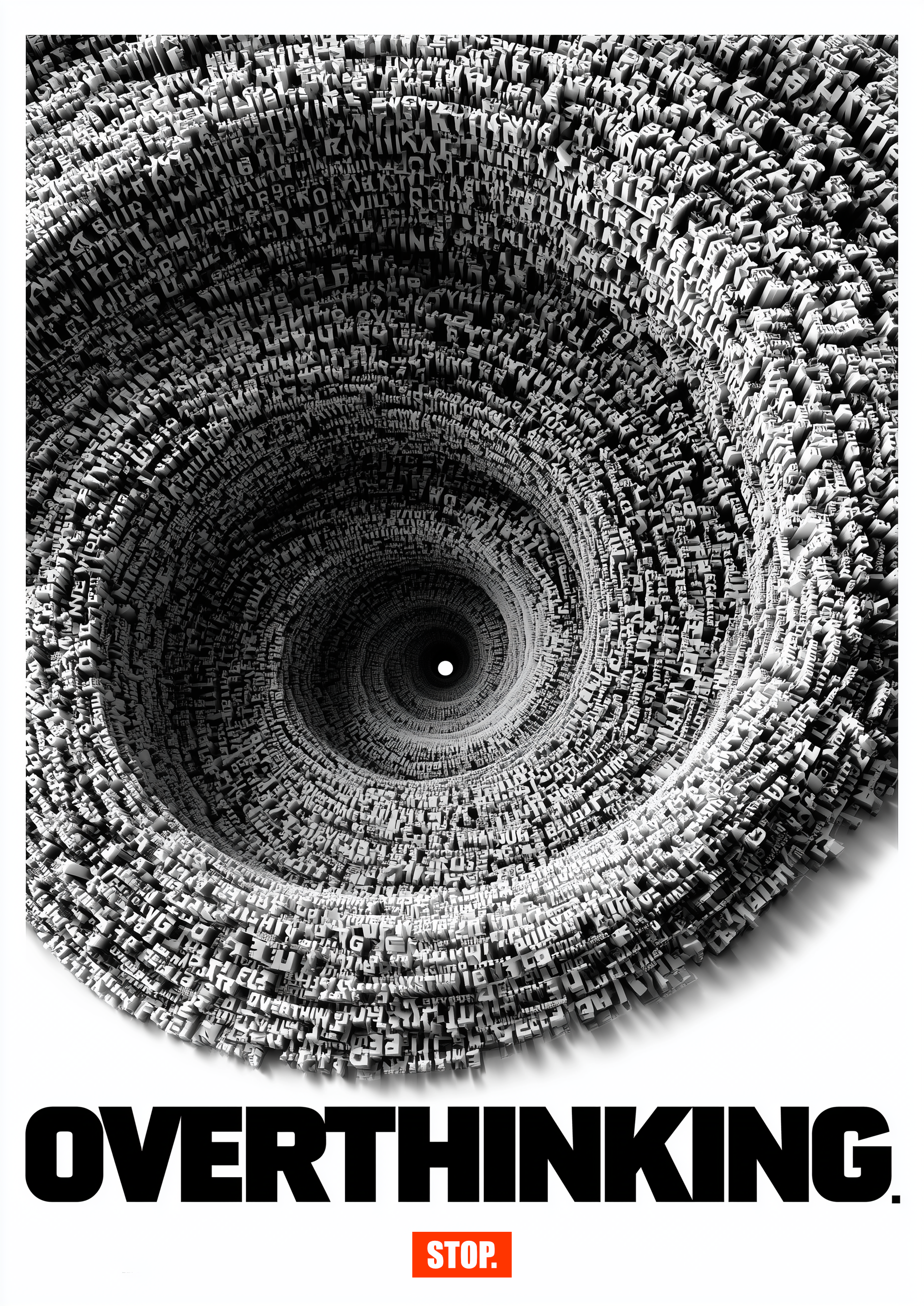 Stop Overthinking – 3D-Typografie-Strudel hypnotischer Gedankensog | Konzeptgrafik-Optik – eleganter Kunstdruck