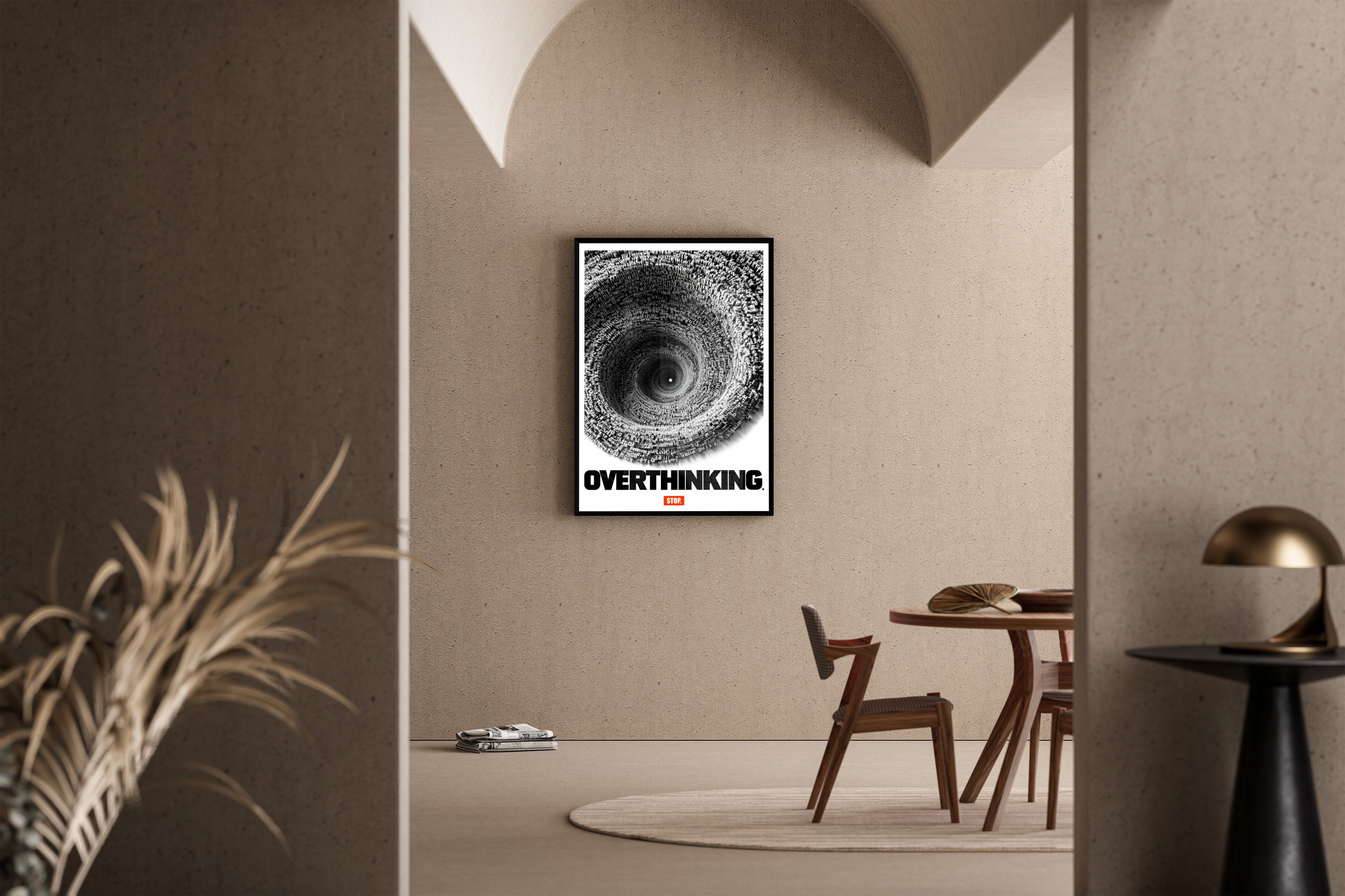 Stop Overthinking – 3D-Lettern Spirale Mindfulness Poster | Grafik-Design-Illustration – Poster im Esszimmer