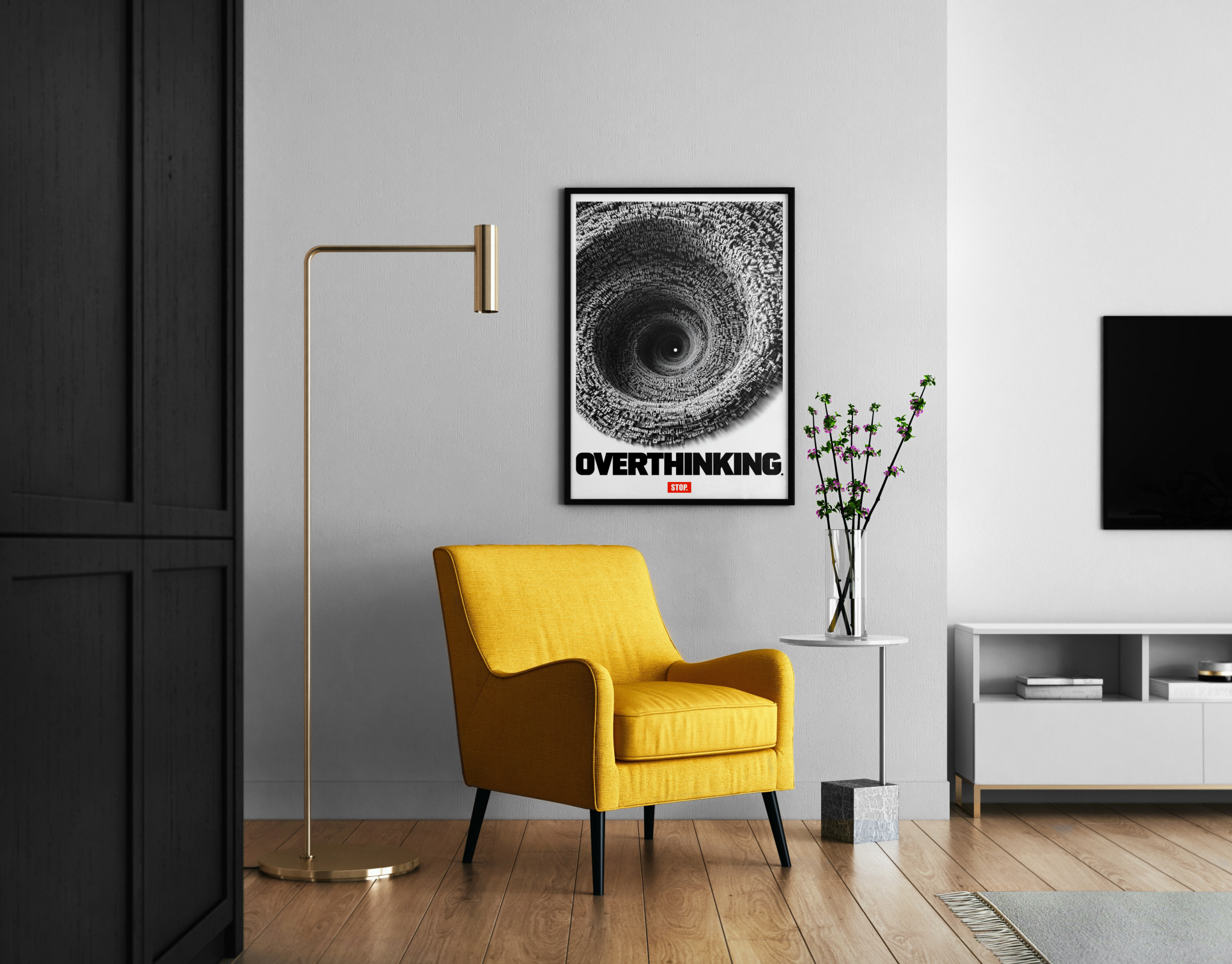 Stop Overthinking – Gedankenstrudel Statement-Poster Büro Motivation | 3D-Typografie-Kunstdruck – Wandbild im modernen Wohnzimmer