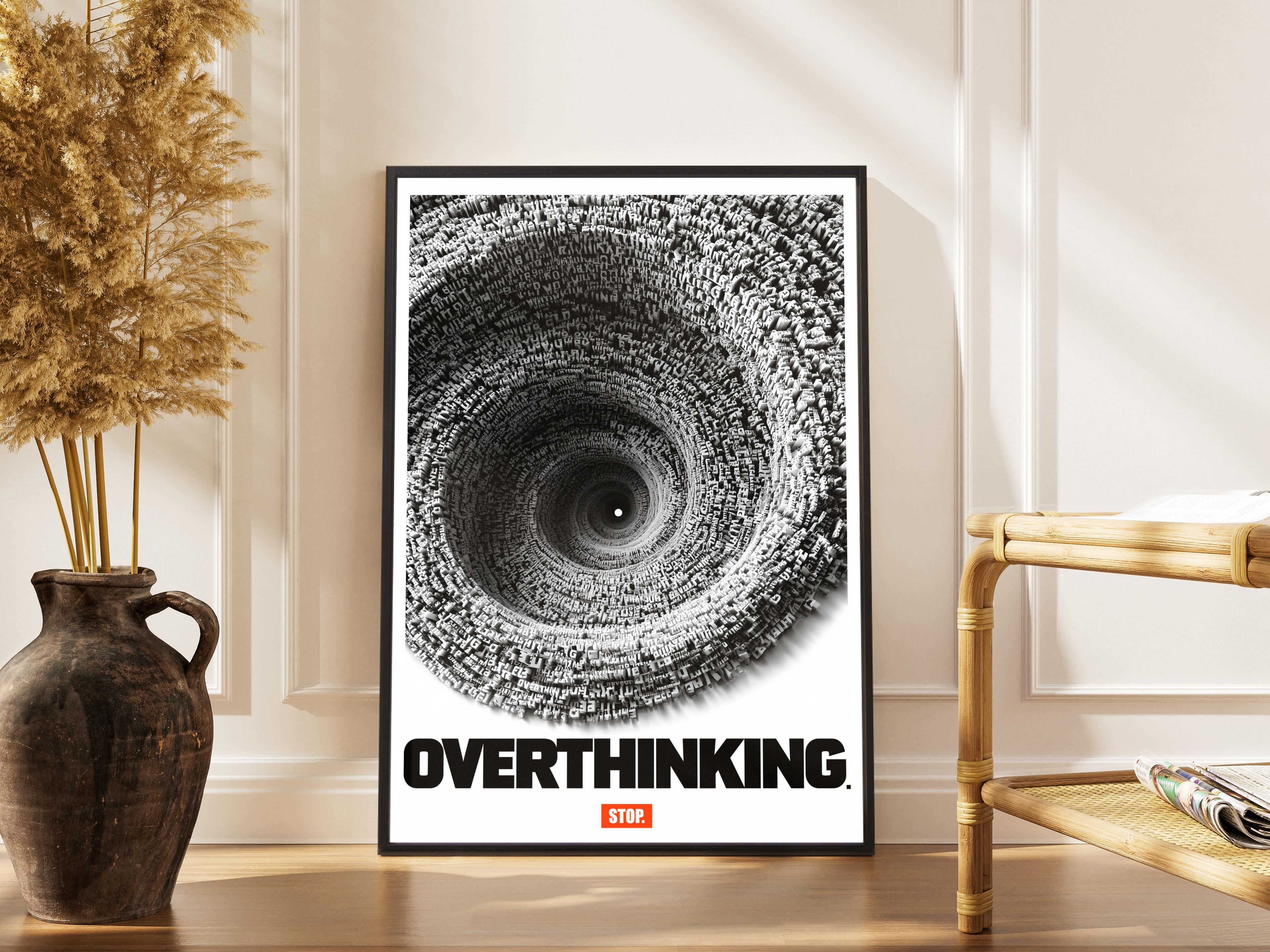 Stop Overthinking – Typografie-Strudel Wanddekoration Geschenk | Konzeptgrafik-Kunstdruck – gerahmtes Poster kaufen