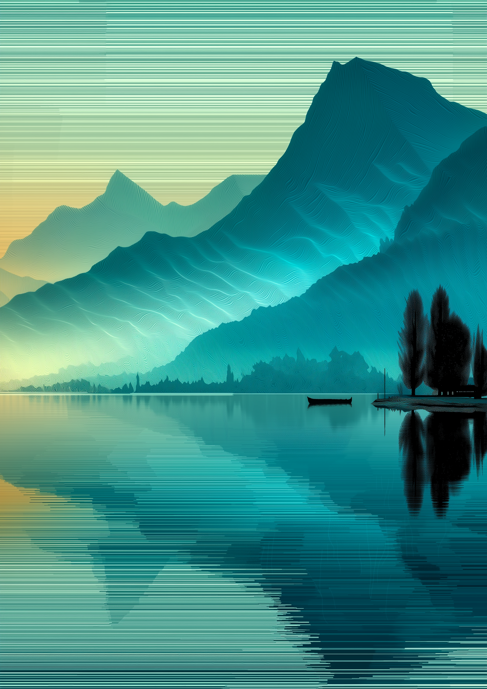 Türkiser Bergsee mit Spiegelung und Glitch-Linien-Effekt – digitaler Fine Art Kunstdruck