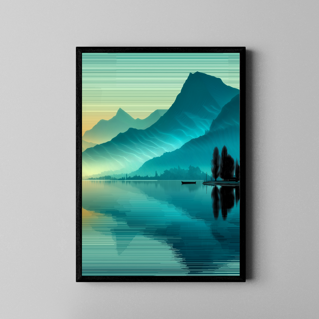 Türkiser Bergsee mit Spiegelung und Glitch-Linien-Effekt – Fine Art Poster im schwarzen Rahmen