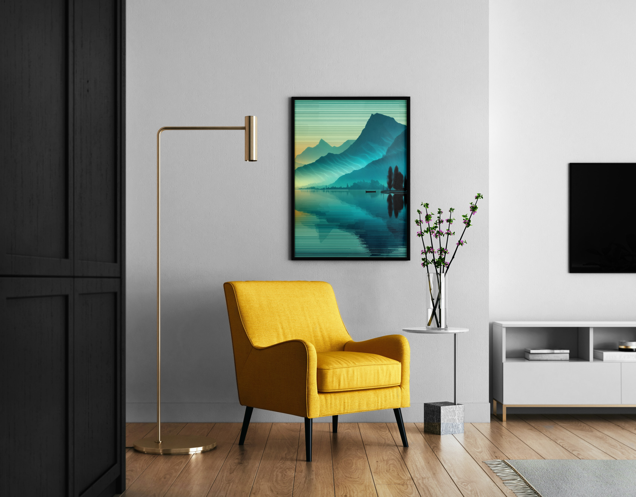 Türkiser Bergsee mit Spiegelung und Glitch-Linien-Effekt – gerahmter Fine Art Kunstdruck kaufen