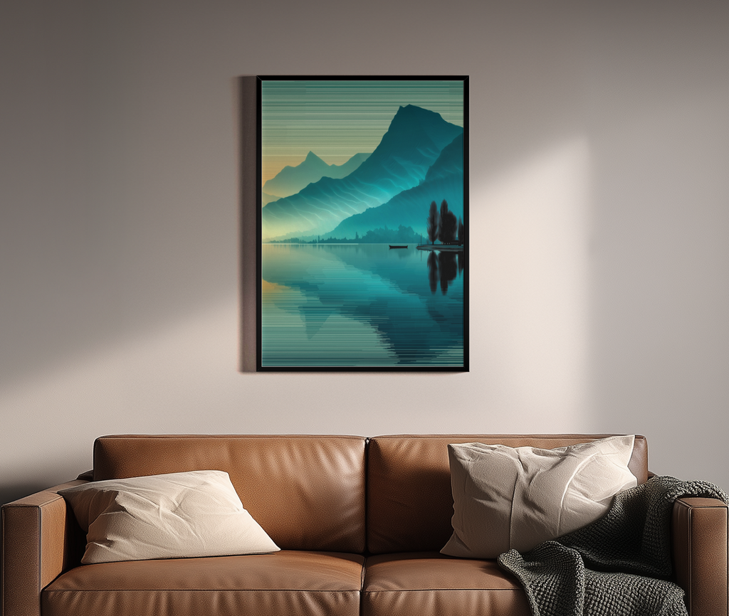 Türkiser Bergsee mit Spiegelung und Glitch-Linien-Effekt – Wandbild über braunem Ledersofa