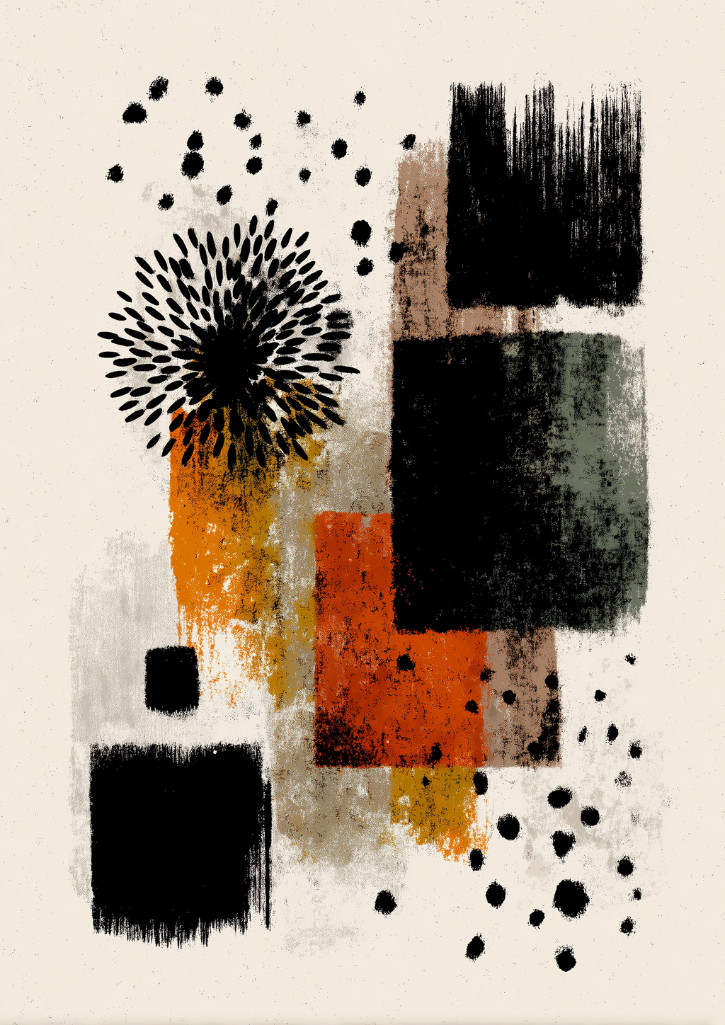 Abstrakte Pinselformen in Orange, Schwarz und Ocker mit organischer Blüte – expressionistischer Fine Art Kunstdruck