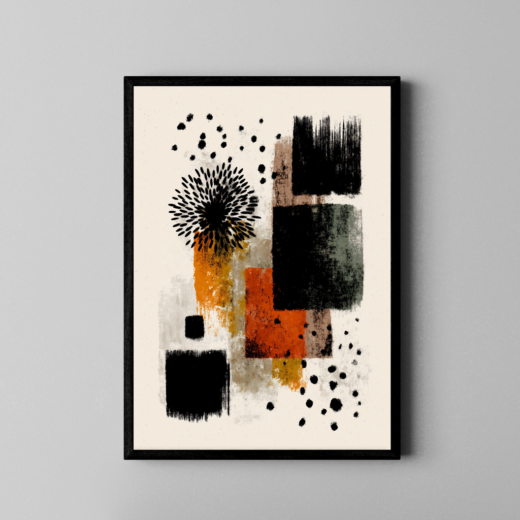Abstrakte Pinselformen in Orange, Schwarz und Ocker mit organischer Blüte – Fine Art Poster im schwarzen Rahmen